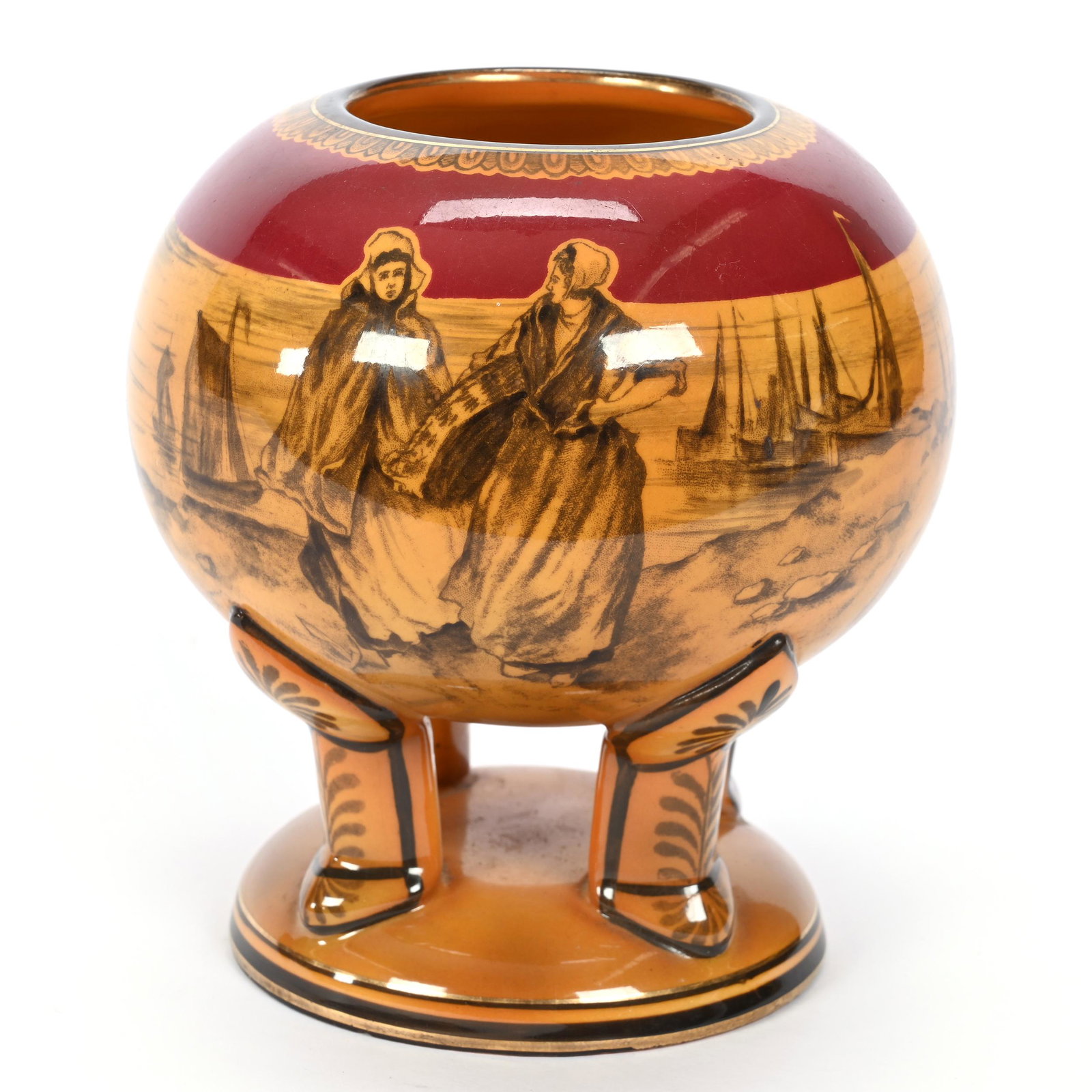 Pedestal Bulbous Vase Marked Royal Bonn: Pedestal Bulbous Vase Marked Royal Bonn, 5.75" x 5.25", Brown And Maroon Tones, Dutch Harbor Scenic Decor, Elfriede & Marvin Miller Estate