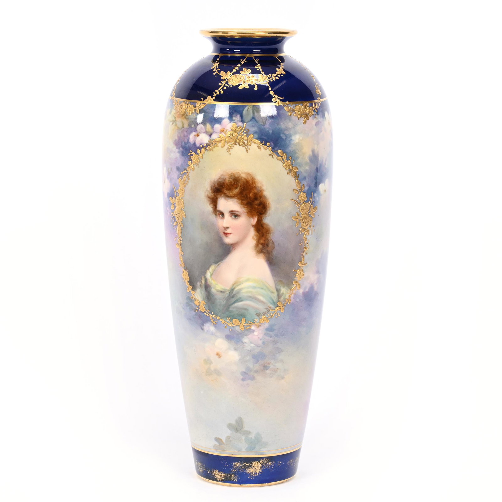 Vase Marked Royal Bonn: Vase Marked Royal Bonn, 11" x 4", Blue, Lavender And Cream Tones, Portrait Of Young Woman, Cobalt Blue Border, Gold Trim Highlights, Artist Signed, Elfriede & Marvin Miller Estate