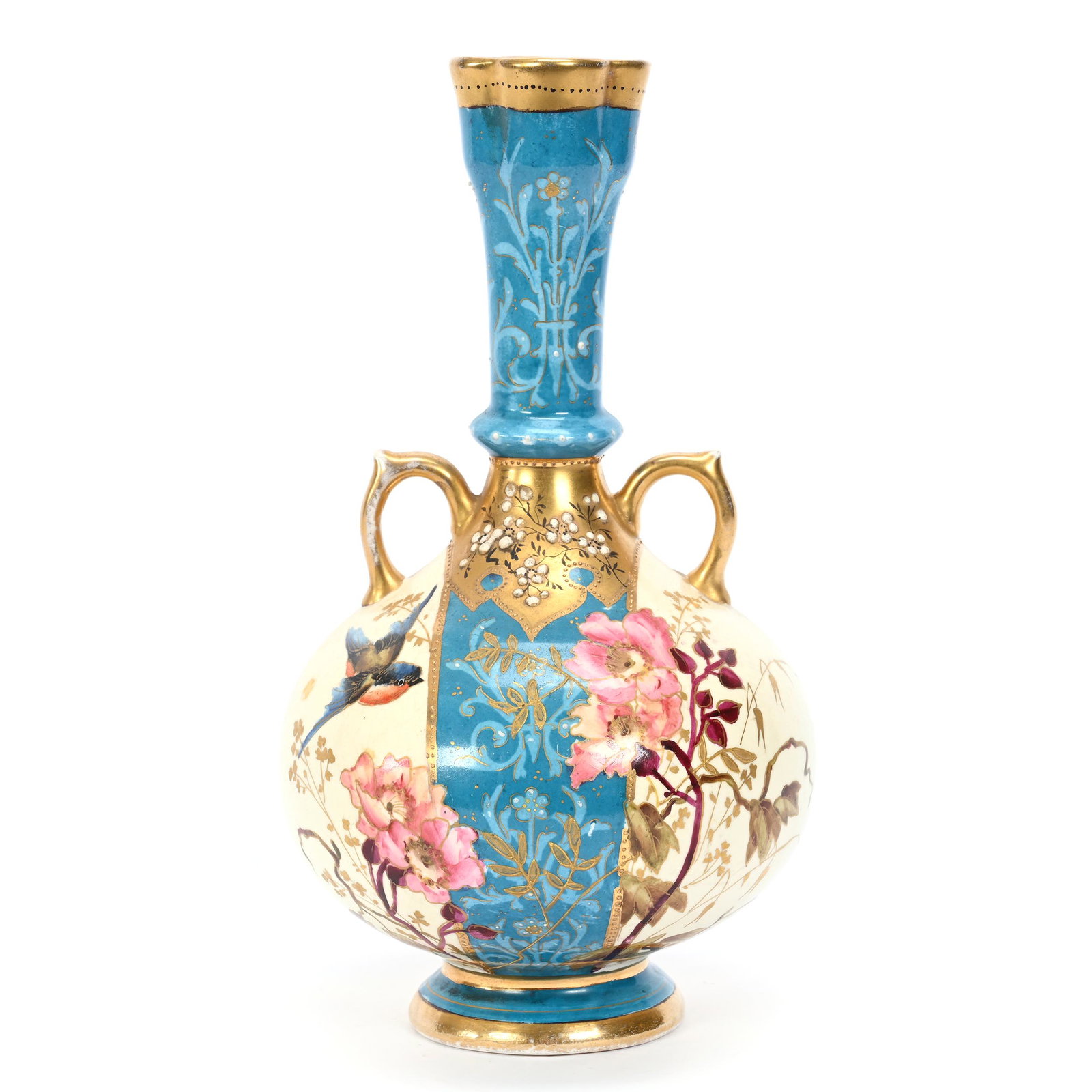 Pedestal Vase Marked Royal Bonn, Two Handles: Pedestal Vase Marked Royal Bonn, Two Handles, 10.25" x 5.5", Cream And Blue Tones, Bird And Floral Decor, Gold Trim Highlights, Elfriede & Marvin Miller Estate