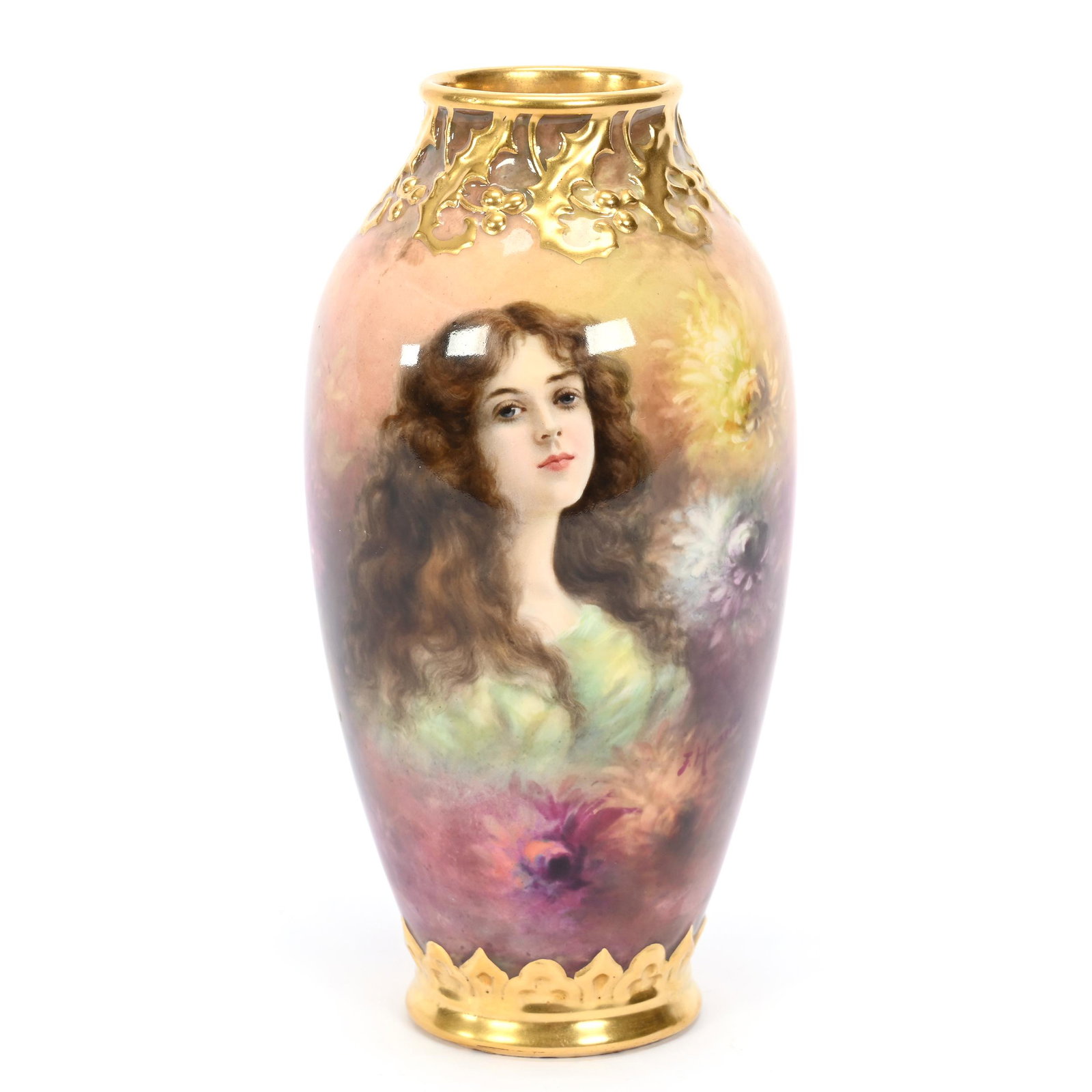 Vase Marked Royal Bonn: Vase Marked Royal Bonn, 8.5" x 4.25", Beautiful Scenic Decor With Portrait Of Young Woman And Chrysanthemum Highlights, Nice Gold Trim, Artist Signed, Elfriede & Marvin Miller Estate