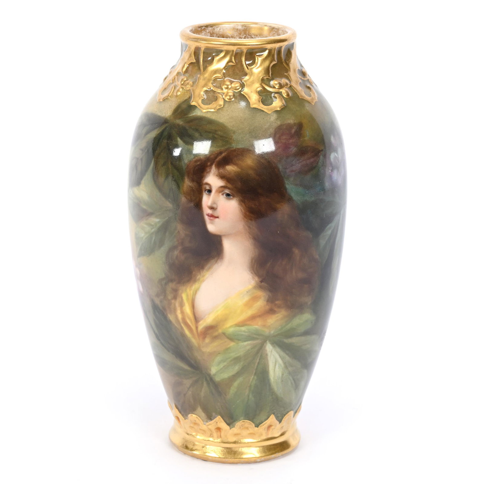 Vase Marked Royal Bonn: Vase Marked Royal Bonn, 8.5" x 4.25", Beautiful Floral Background Scenic Decor With Portrait Of Young Woman, Nice Gold Highlights, Artist Signed, Elfriede & Marvin Miller Estate