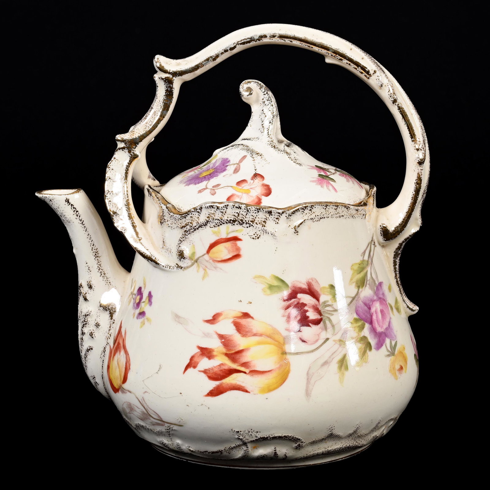 Tea Pot Marked Royal Bonn: Tea Pot Marked Royal Bonn, 8" x 7.5", White With Colorful Scattered Floral Decor, Gold Trim Highlights, Elfriede & Marvin Miller Estate