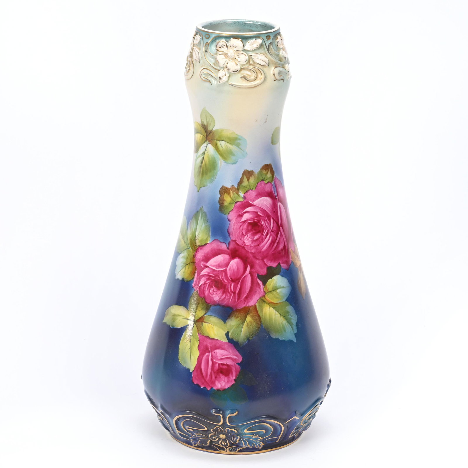 Vase Marked Royal Bonn, Rare Satin Finish: Vase Marked Royal Bonn, Rare Satin Finish, 14.75" x 6.5", Green, Cream And Blue Tones, Red Rose Decor, Elfriede & Marvin Miller Estate