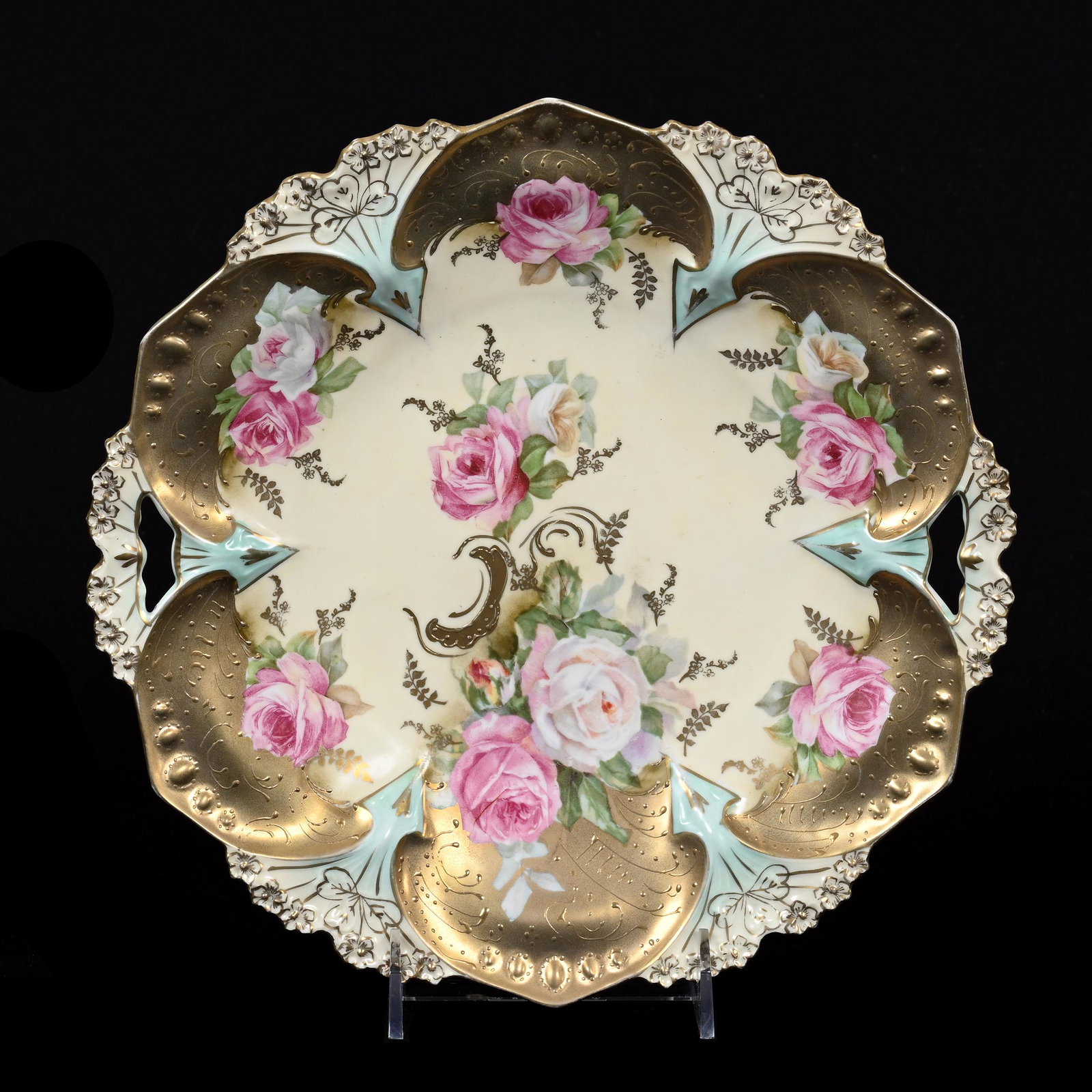 Cake Plate Marked R.S. Prussia, Point & Clover Mold: Cake Plate Marked R.S. Prussia, Point & Clover Mold, 11", Cream Tones With Pink And White Rose Decor, Gold Domes With Green Highlights, Elfriede & Marvin Miller Estate