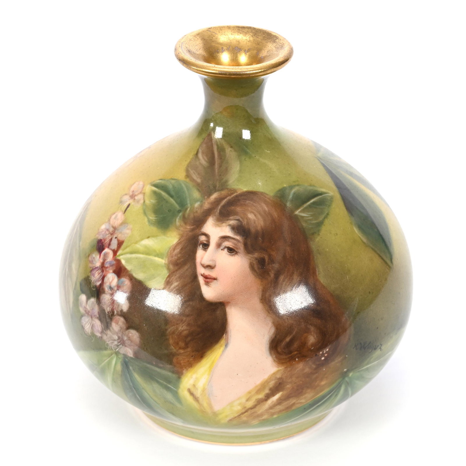 Vase Marked Royal Bonn: Vase Marked Royal Bonn, 5.25" x 4.75", Green And Yellow Tones, Portrait Of Young Woman, Artist Signed, Elfriede & Marvin Miller Estate