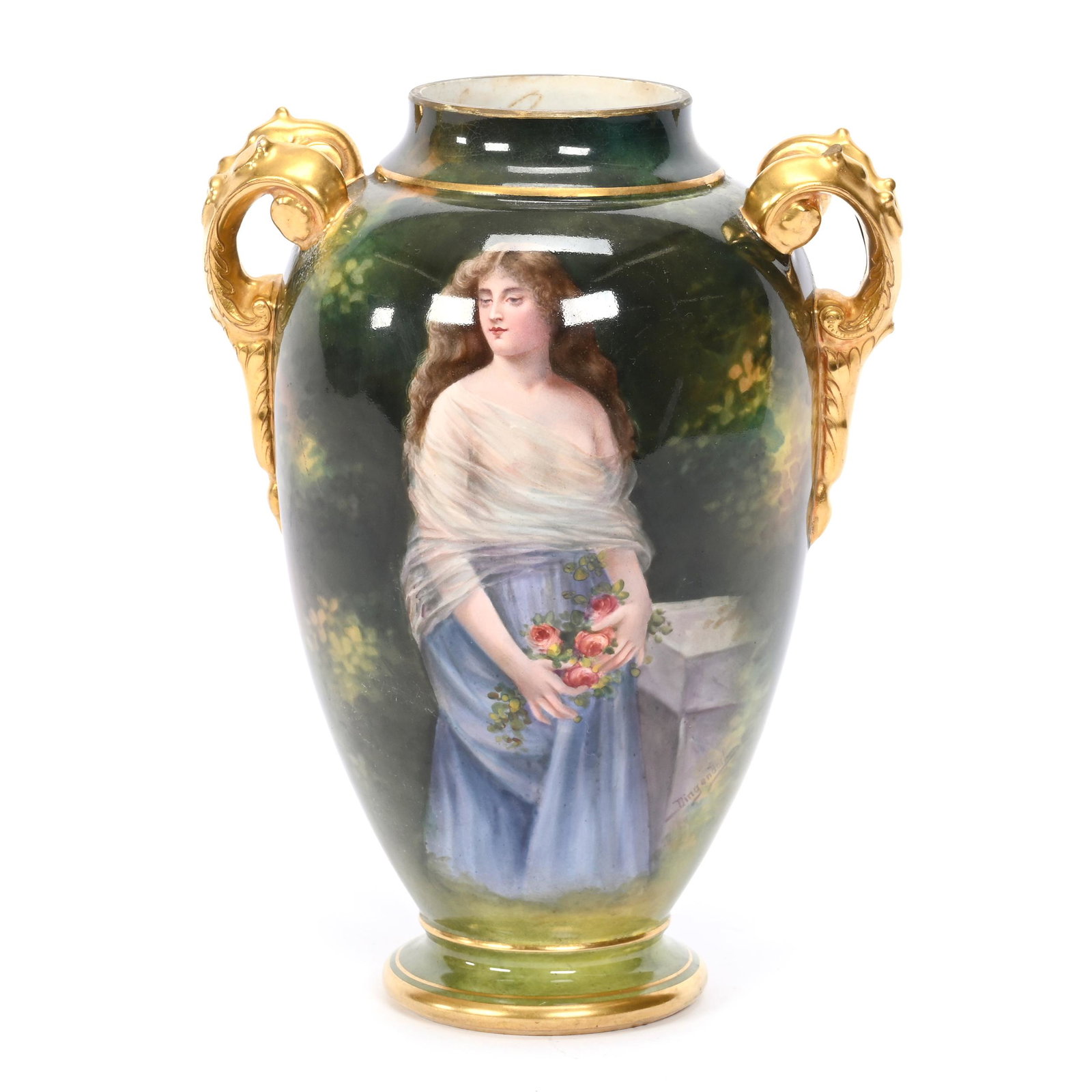 Vase Marked Royal Bonn, Two Handles: Vase Marked Royal Bonn, Two Handles, 9" x 6.75", Green And Yellow Tones, Young Woman Holding Flowers, Artist Signed, Gold Trim Highlights, Top Rim Has Possible Touch-Up, Elfriede & Marvin Miller Estat