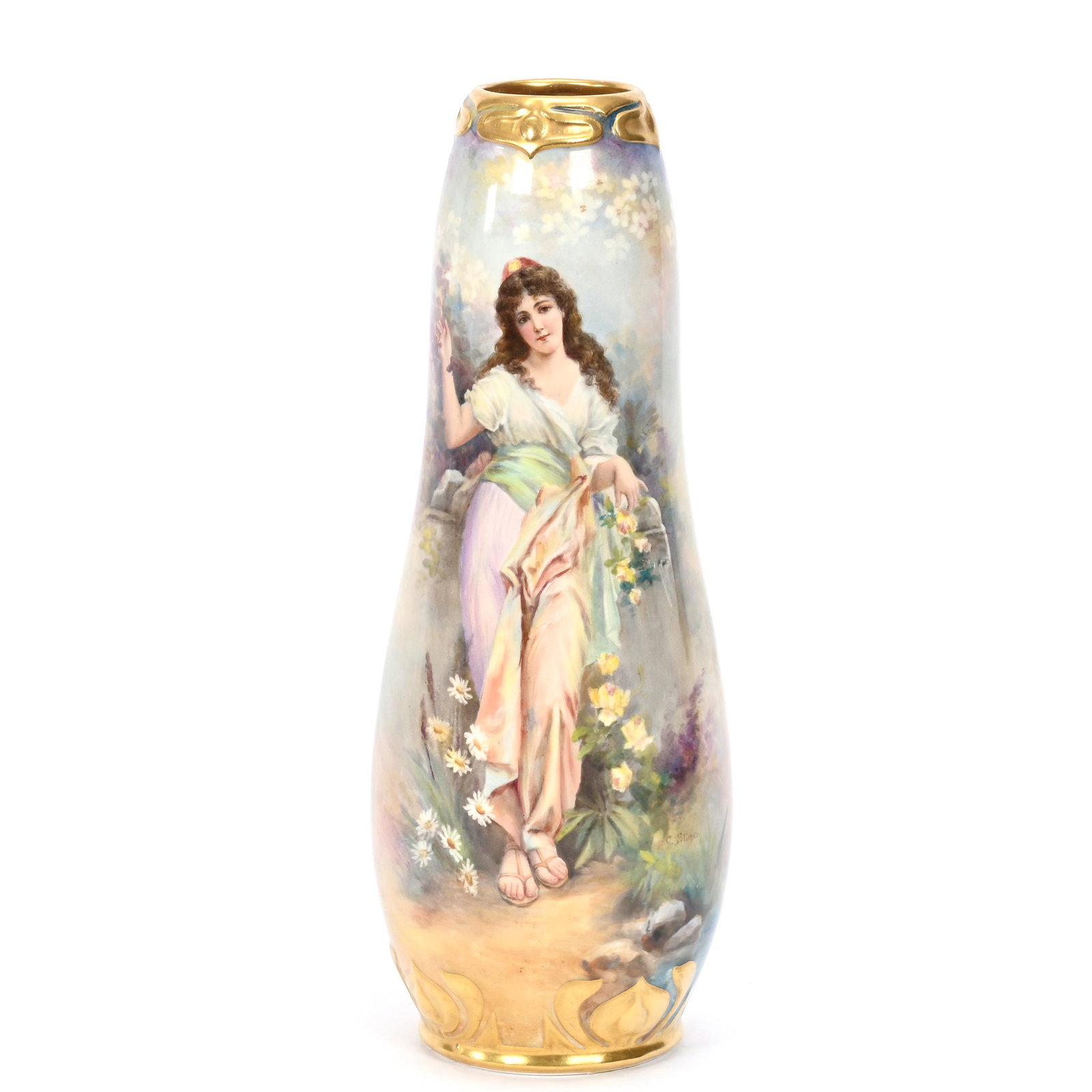 Vase Marked Royal Bonn: Vase Marked Royal Bonn, 12.5" x 4.5", Pastel Coloring With Scene Of Young Woman Leaning On Wall, Artist Signed, Gold Trim Highlights, Elfriede & Marvin Miller Estate