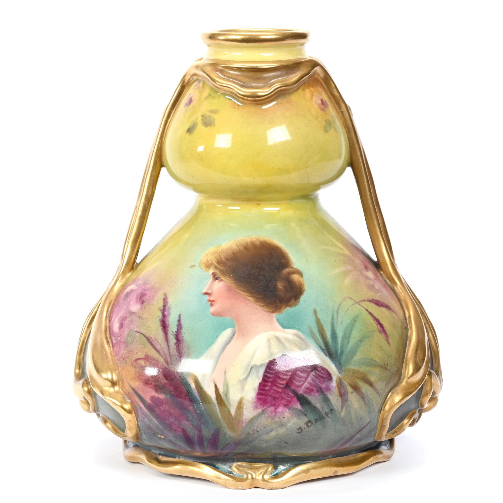 Vase Marked Royal Bonn: Vase Marked Royal Bonn, 7.75" x 6.5", Green And Yellow Tones, Portrait Of Young Woman, Elaborate Embossed Handles, Extensive Gold Trim Highlights, Artist Signed, Elfriede & Marvin Miller Estate