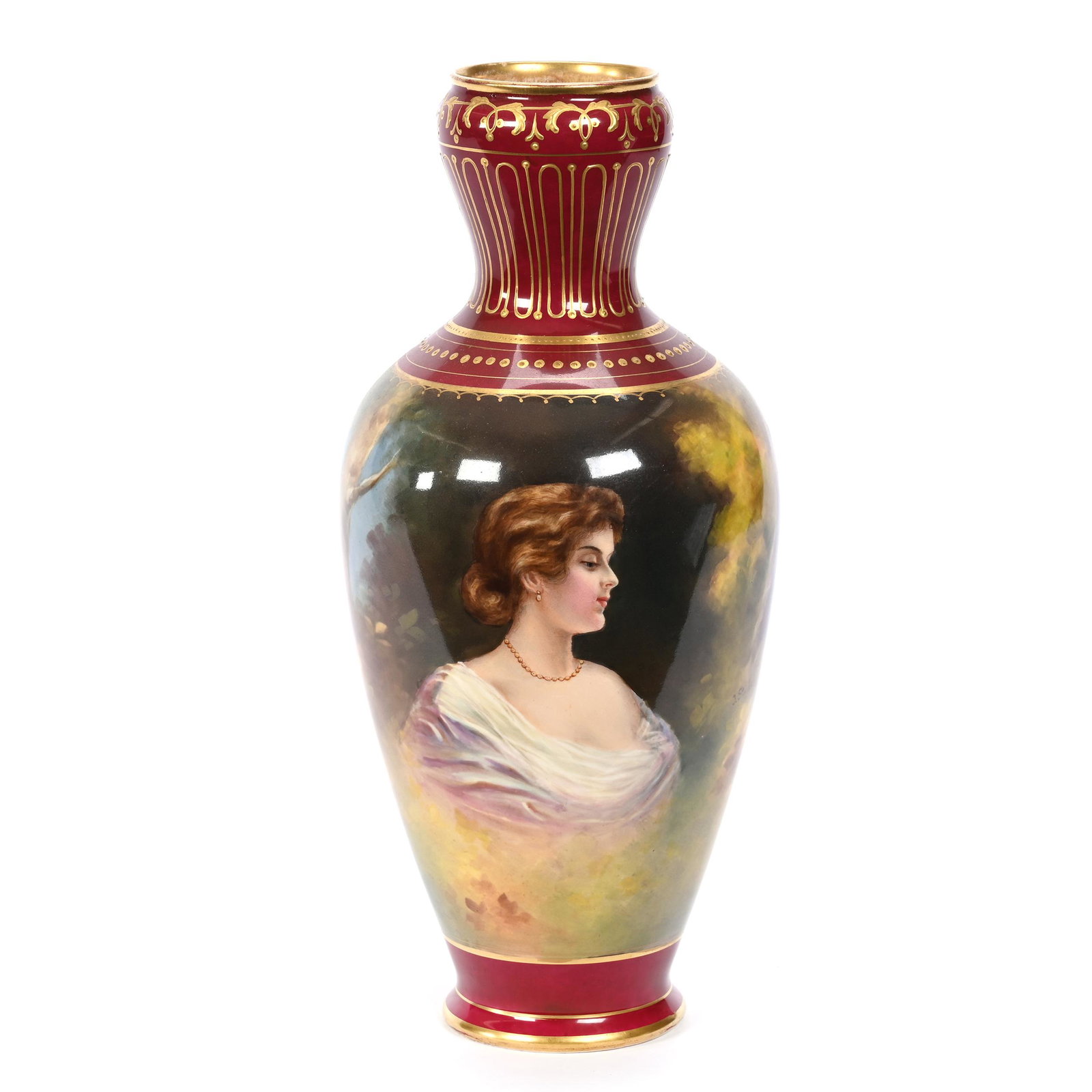 Vase Marked Royal Bonn: Vase Marked Royal Bonn, 12" x 5.25", All Around Scenic With Portrait Of Young Woman, Maroon Border, Gold Trim Highlights, Artist Signed, Elfriede & Marvin Miller Estate