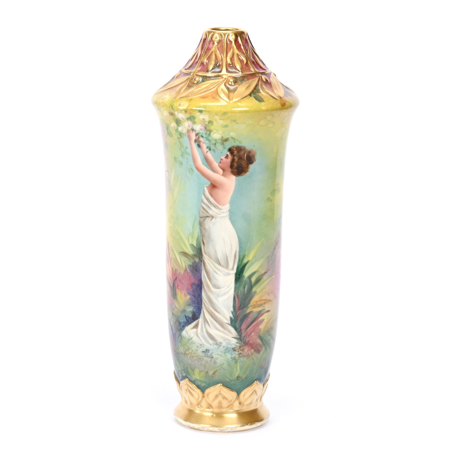 Vase Marked Royal Bonn: Vase Marked Royal Bonn, 12.25" x 4.25", Green, Yellow And Pink Tones, Young Woman Picking Flowers, Gold Trim Highlights, Artist Signed, Elfriede & Marvin Miller Estate