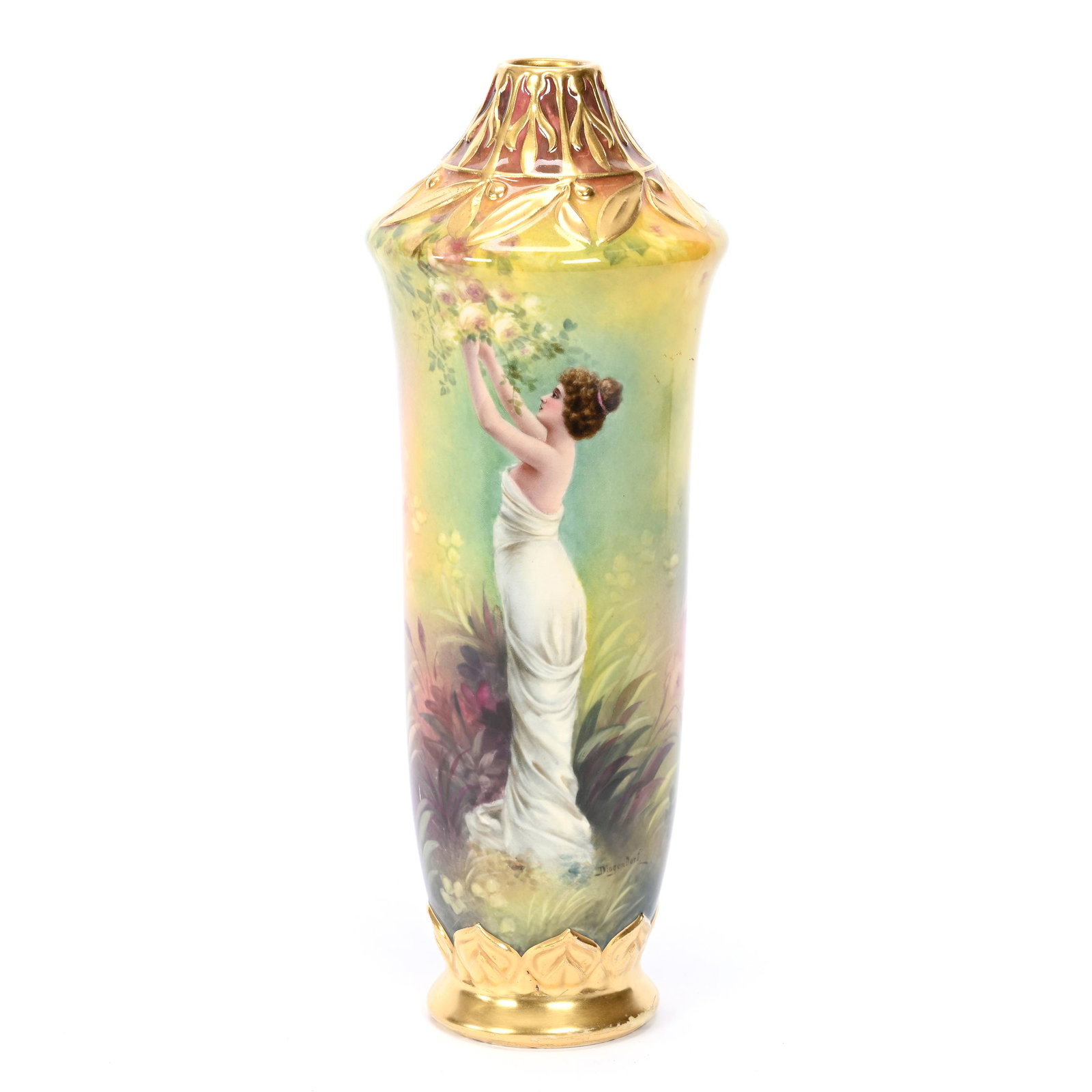 Vase Marked Royal Bonn: Vase Marked Royal Bonn, 12.25" x 4.25", Green, Yellow And Pink Tones, Young Woman Picking Flowers, Gold Trim Highlights, Artist Signed, Elfriede & Marvin Miller Estate