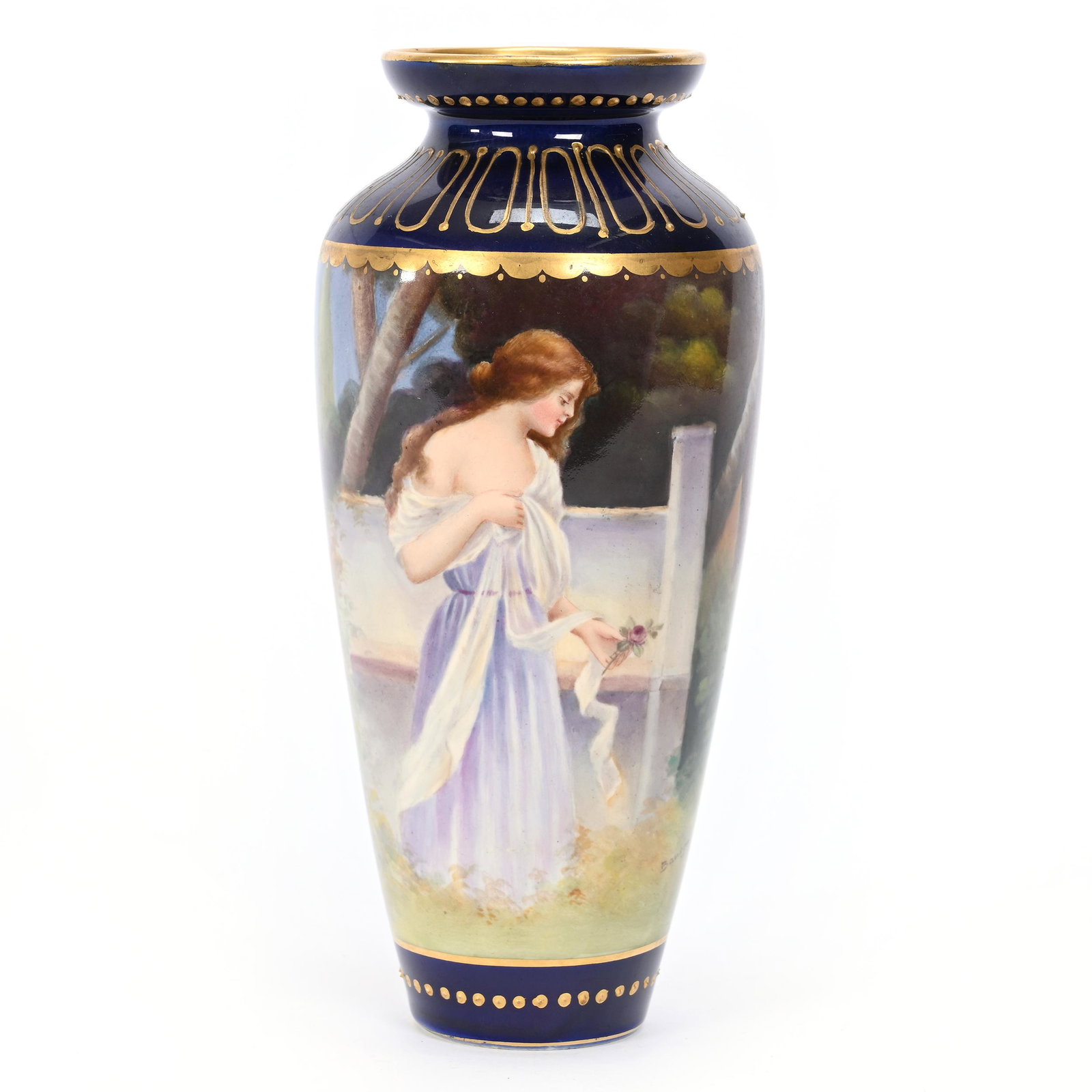 Vase Marked Royal Bonn: Vase Marked Royal Bonn, 7.75" x 3.5", Young Woman Kneeling Near Bench, Cobalt Blue Border, Gold Highlights, Artist Signed, Elfriede & Marvin Miller Estate