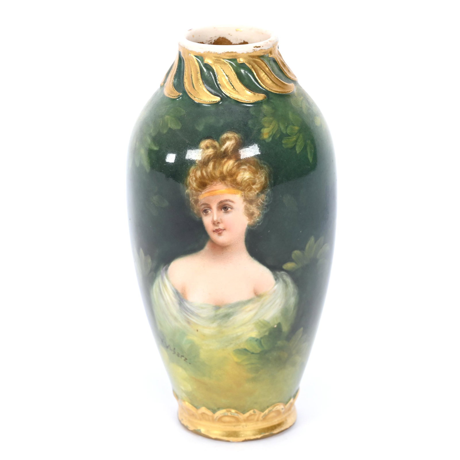 Vase Marked Royal Bonn: Vase Marked Royal Bonn, 5.75" x 3", Green And Yellow Tones, Portrait Of Young Woman, Artist Signed, Gold Trim Highlights, Some Gold Wear On Rim, Elfriede & Marvin Miller Estate
