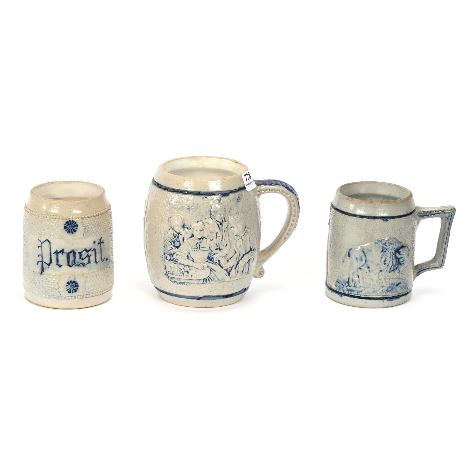 (3) Steins, Gray And Blue Stoneware: (3) Steins, Gray And Blue Stoneware, (1) 5" x 5.75", Embossed Scene Of Four People With German Plaque On Reverse, Advertising For "Richard Briggs Company, Boston", (1) 4" x 4.75", Labelled "Prosit", (