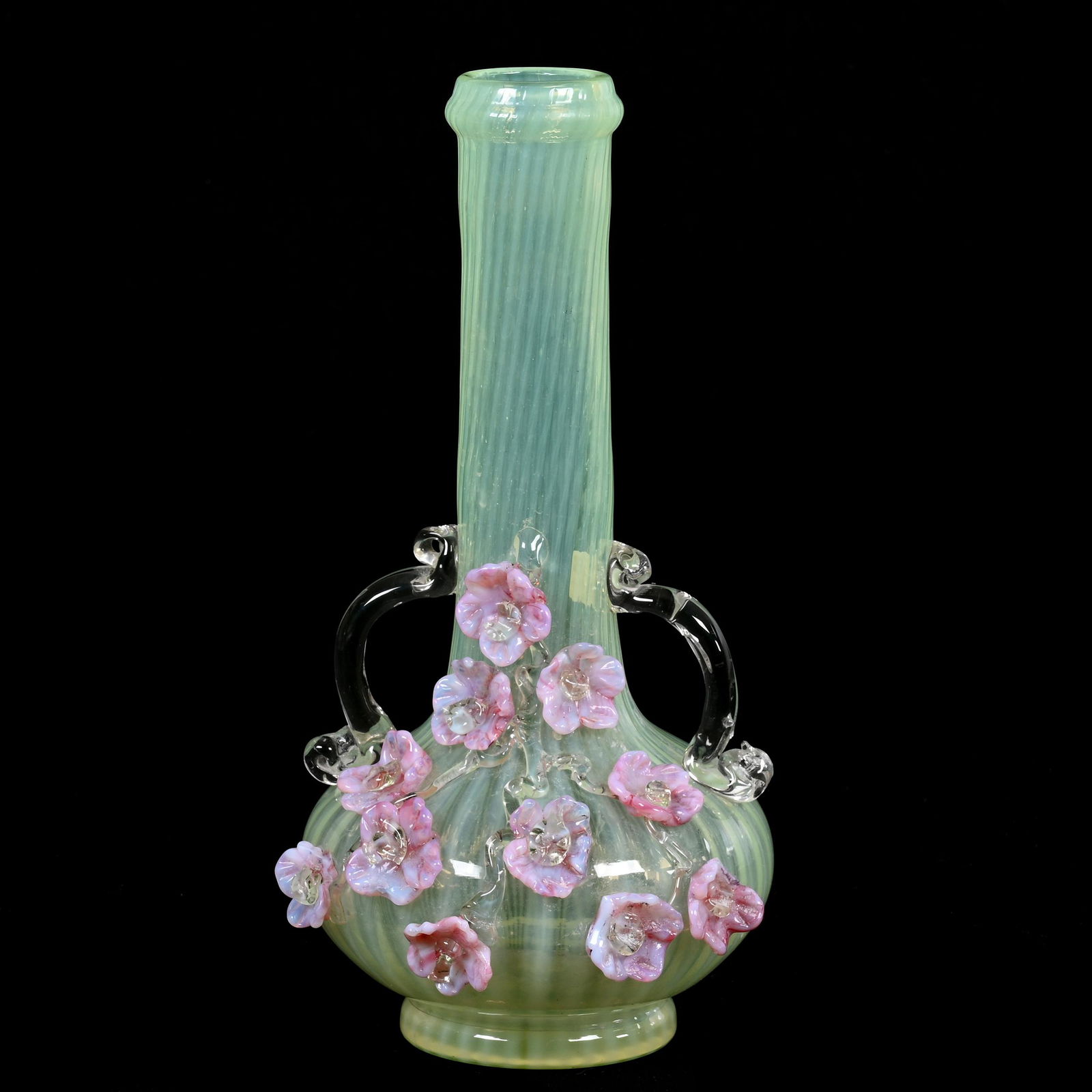 Vase, Vaseline Opalescent Art Glass, Two Handles (1 of 7)