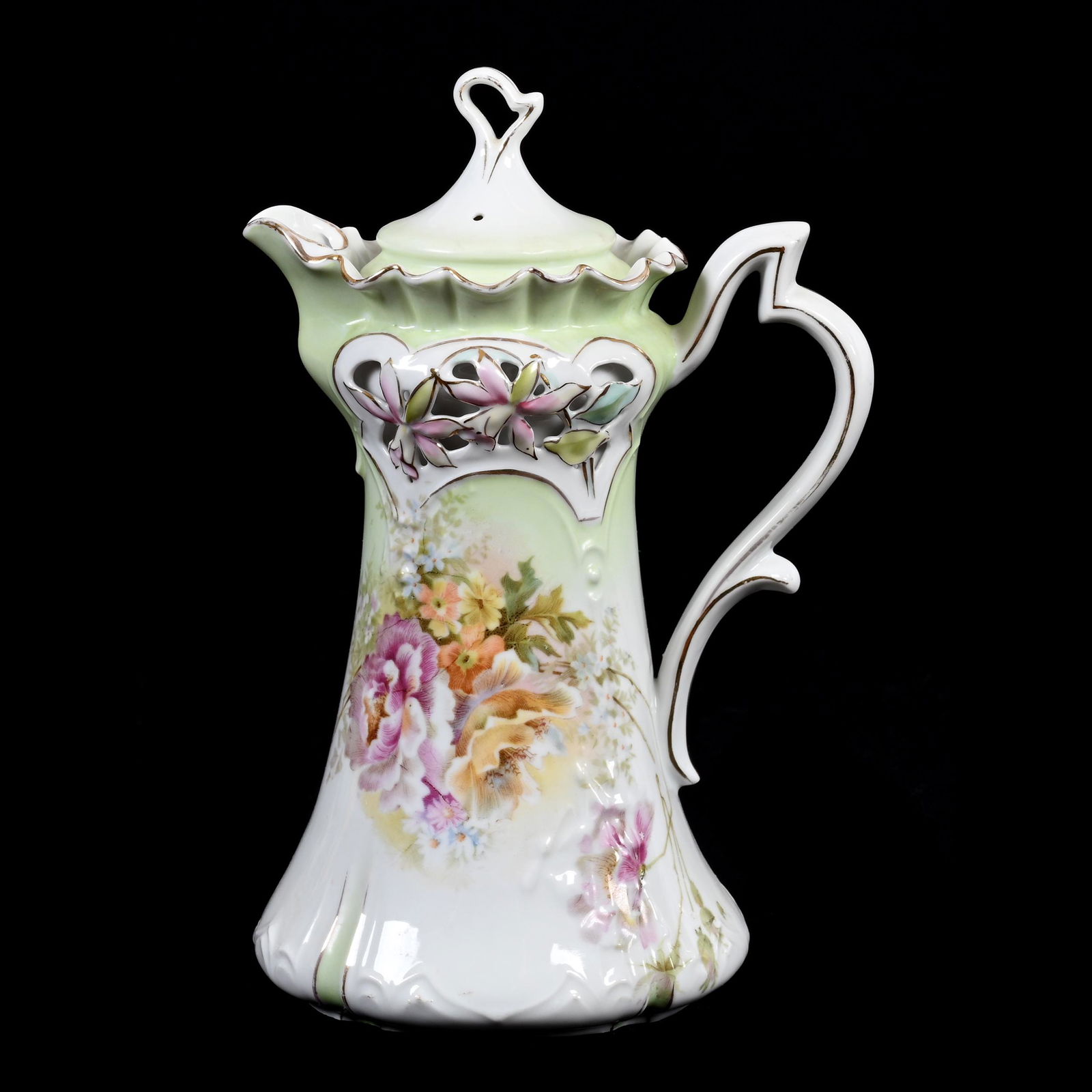 Chocolate Pot, Unmarked RSP, Rare Pierced Floral Mold (1 of 3)