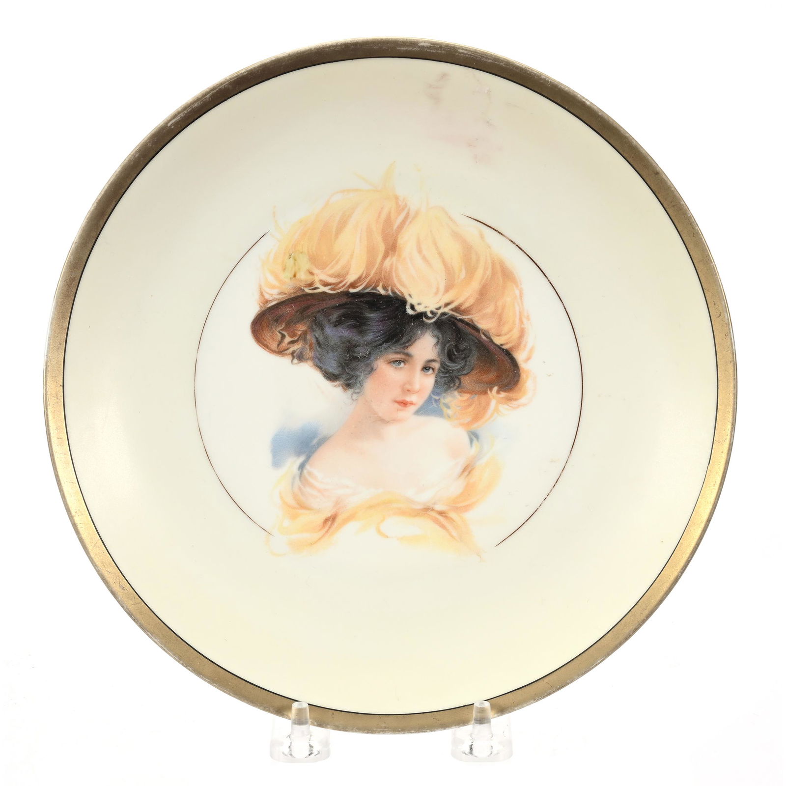 Plate W/Griffin Prussia Mark, Gibson Girl Portrait: Plate W/Griffin Prussia Mark, Gibson Girl Portrait, 8.5", Yellow Plume Hat, Cream And Gold Border, Mary McCaslin Collection.