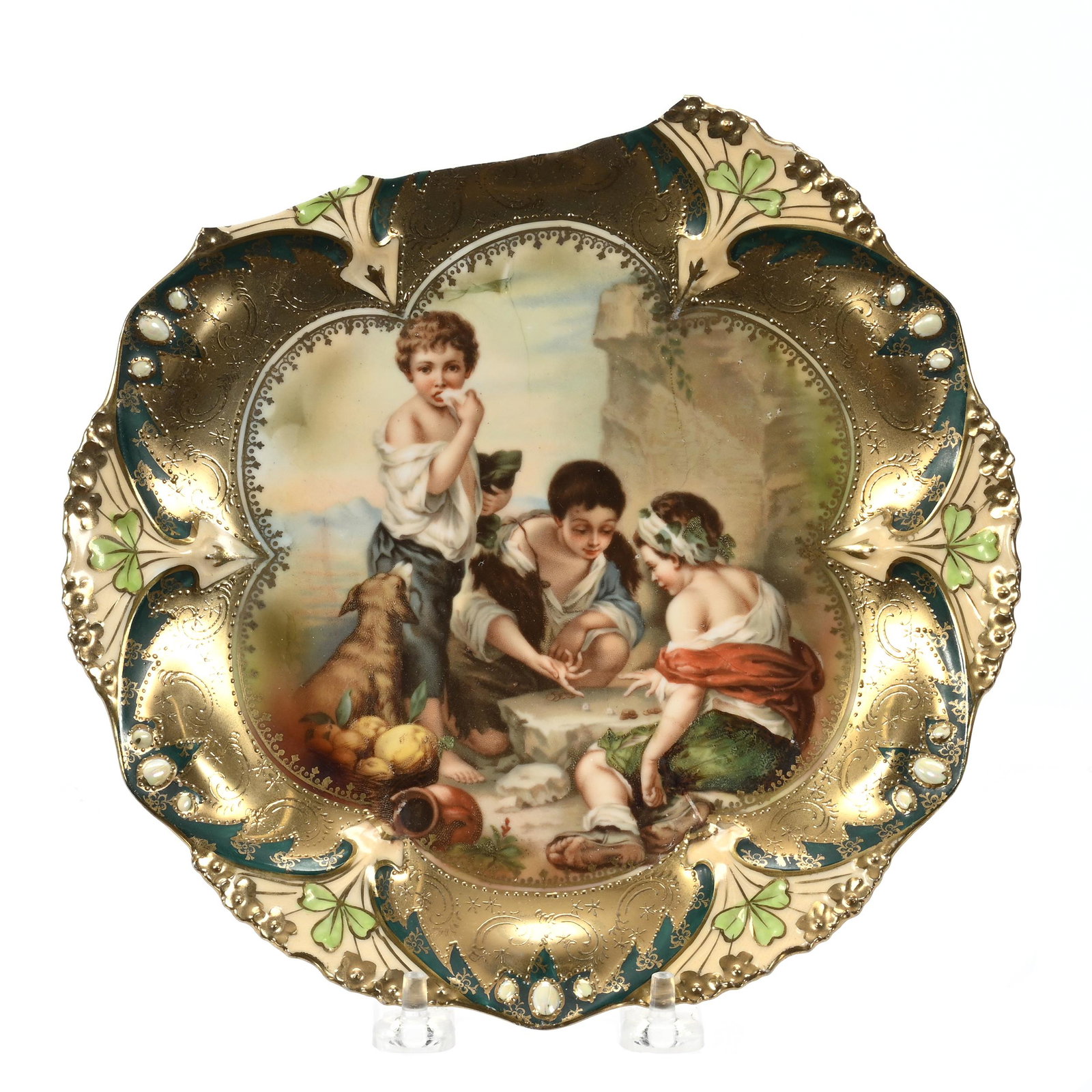 Plate, Unmarked RSP, Dice Throwers Scenic Decor: Plate, Unmarked RSP, Dice Throwers Scenic Decor, 8.75", Exceptional Gold And Green Border, Opal Jewel Highlights, Point And Clover Mold, Two Significant Broken Pieces; These Were Clean Breaks So The P