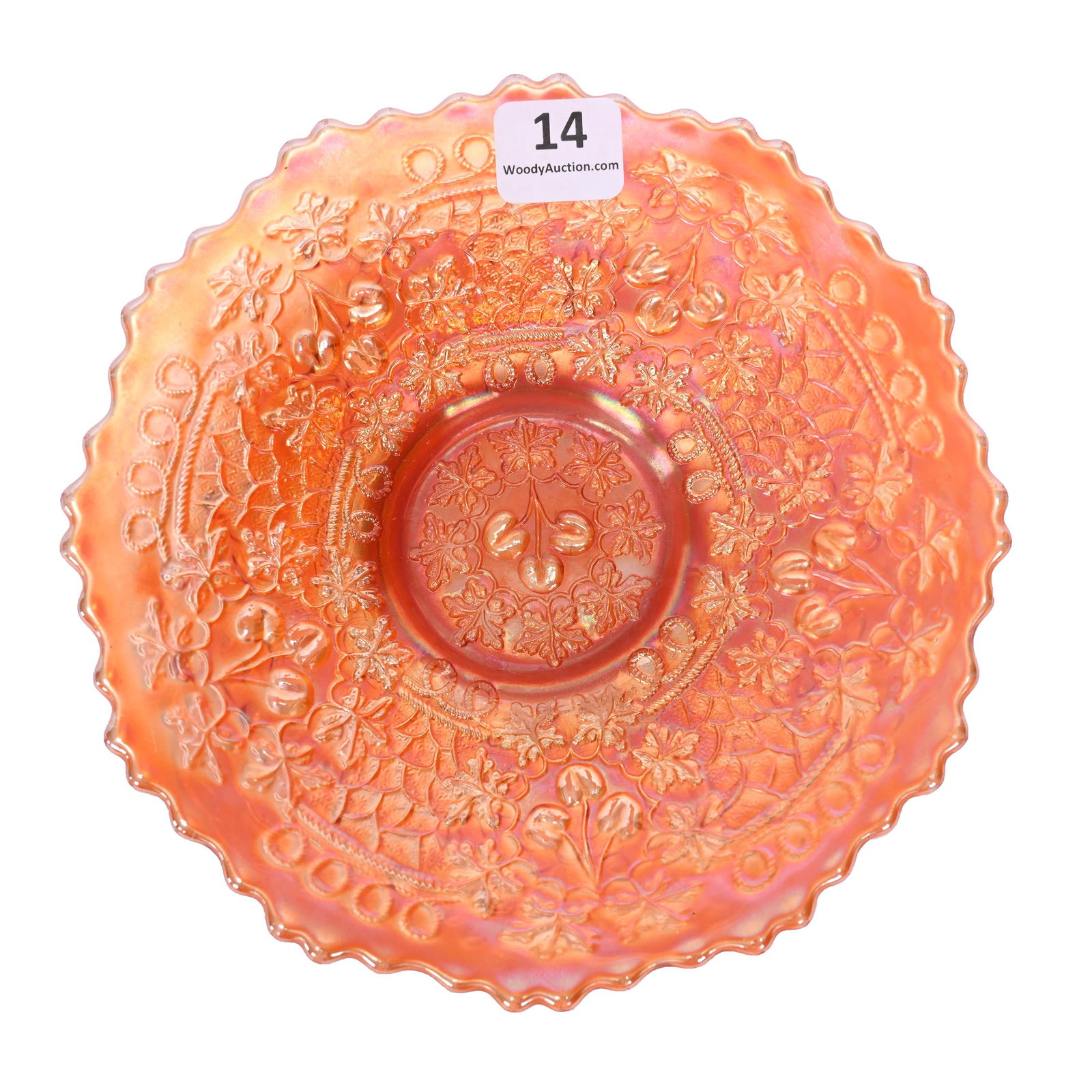 Plate, Carnival Glass, Cherry Chain, Marigold: Plate, Carnival Glass, Cherry Chain, Marigold, 6.25", By Fenton, Orange Tree Exterior, Patsy Creveling Collection.