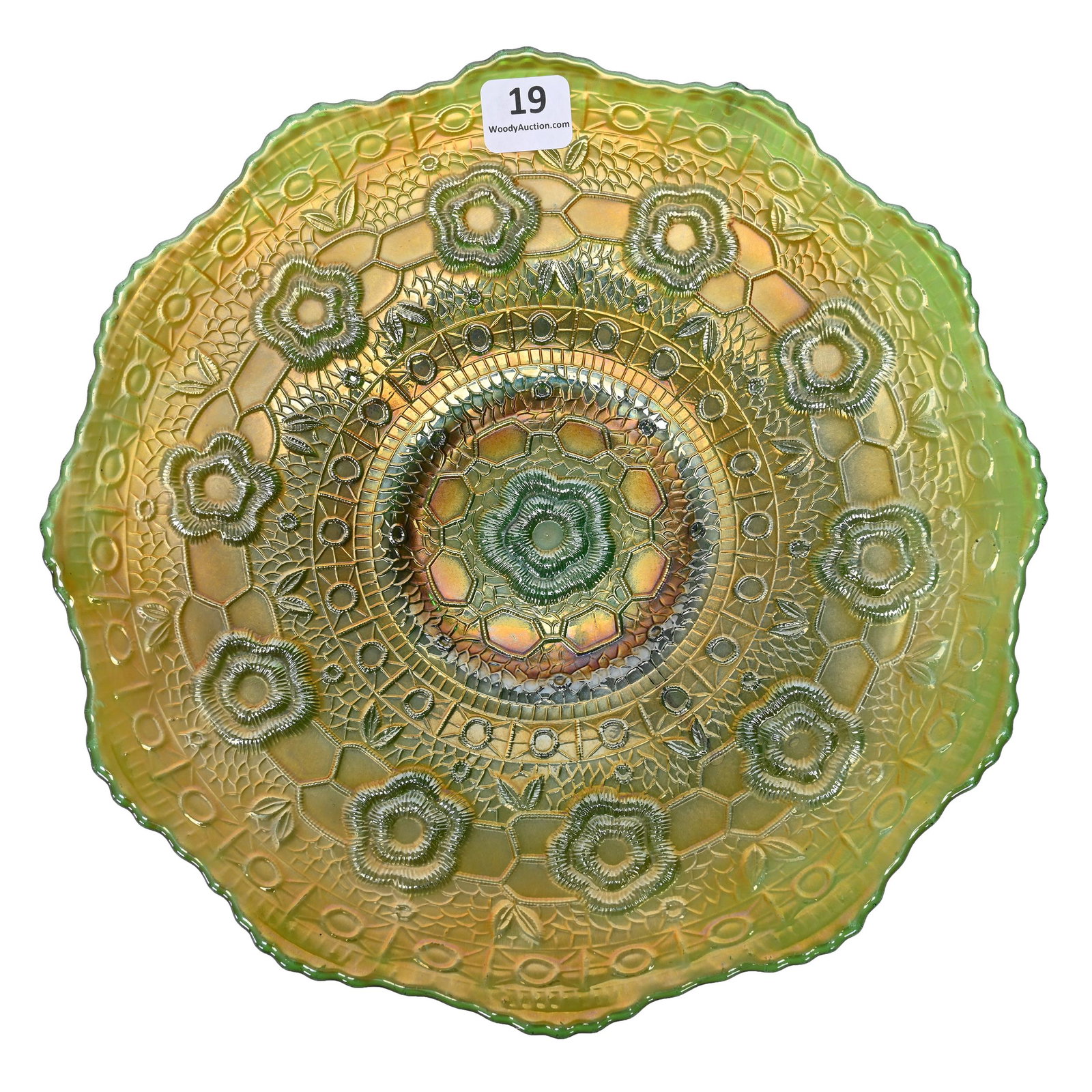 Plate, Carnival Glass, Captive Rose, Green: Plate, Carnival Glass, Captive Rose, Green, 9.5", By Fenton, Patsy Creveling Collection.