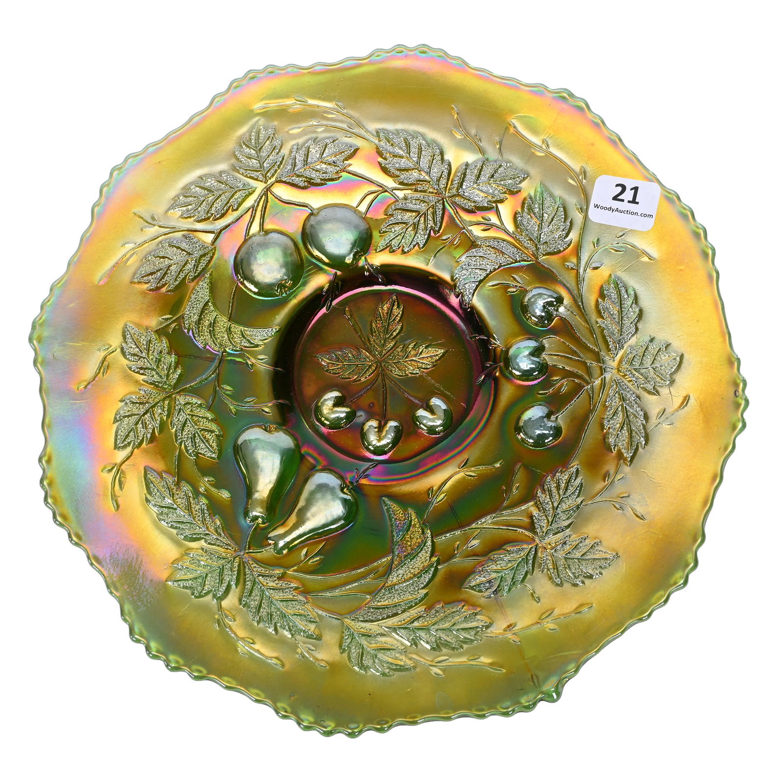 Plate, Carnival Glass, Three Fruits, Green: Plate, Carnival Glass, Three Fruits, Green, 9.25", By Fenton, Patsy Creveling Collection.