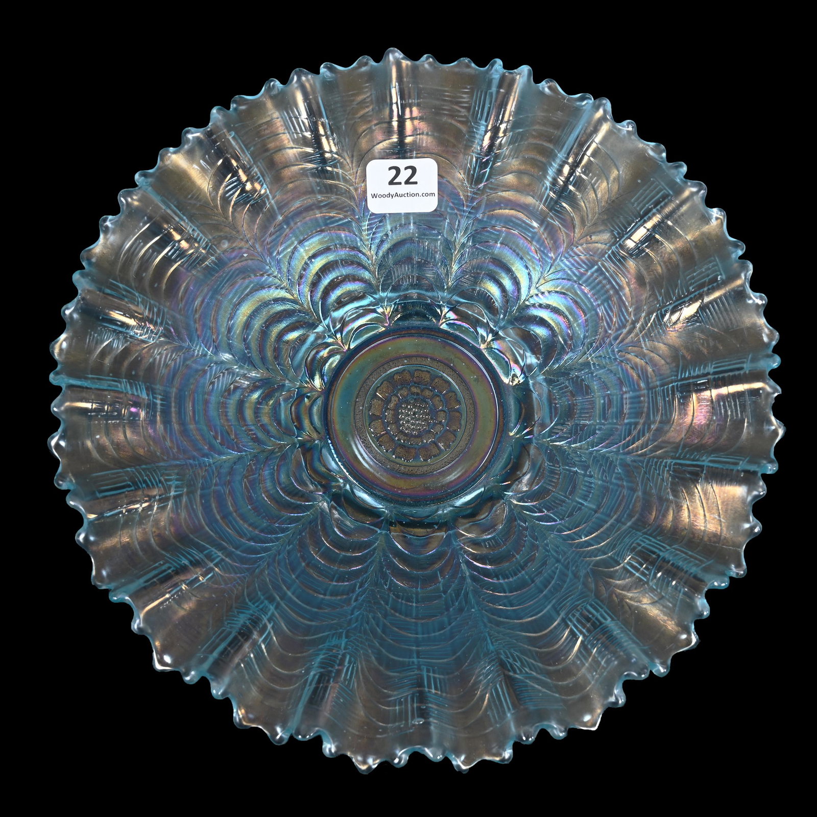 Bowl, Carnival Glass, Nippon, Ice Blue: Bowl, Carnival Glass, Nippon, Ice Blue, 8.5", By Northwood, Pie Crust Edge, Basketweave Exterior, Patsy Creveling Collection.