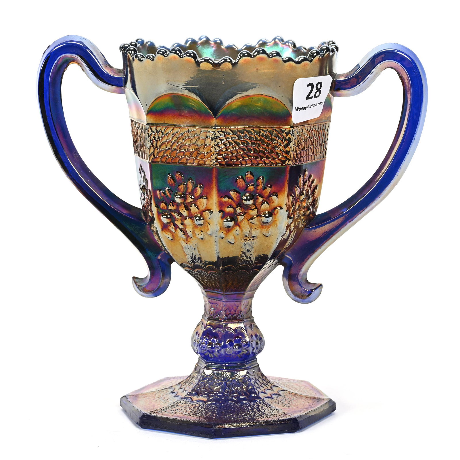 Loving Cup, Carnival Glass, Orange Tree, Blue: Loving Cup, Carnival Glass, Orange Tree, Blue, 6" x 6", By Fenton, Two Handles, Slight Nick On One Handle, Patsy Creveling Collection.