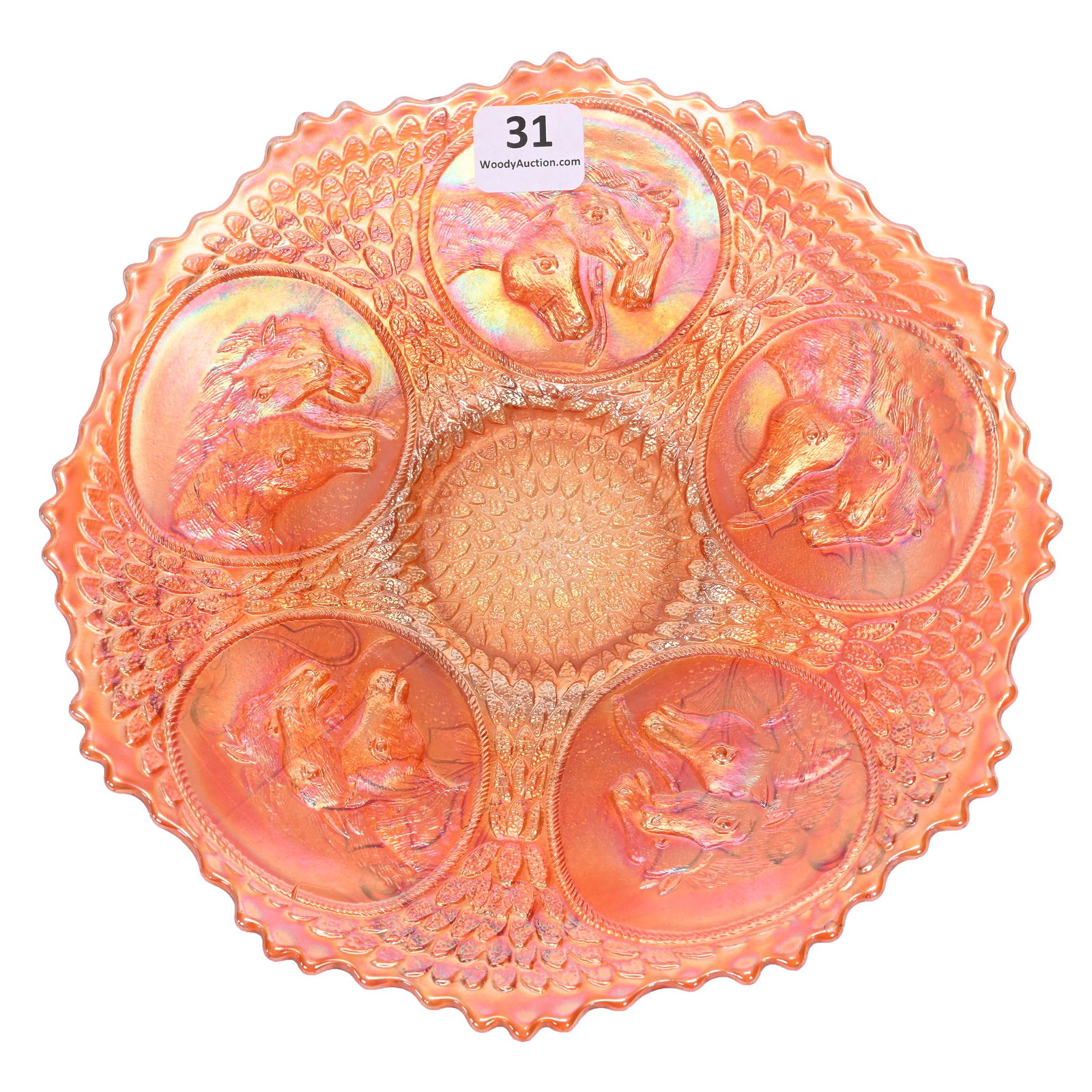 Plate, Carnival Glass, Horse Medallion, Marigold: Plate, Carnival Glass, Horse Medallion, Marigold, 7.5", By Fenton, Patsy Creveling Collection.