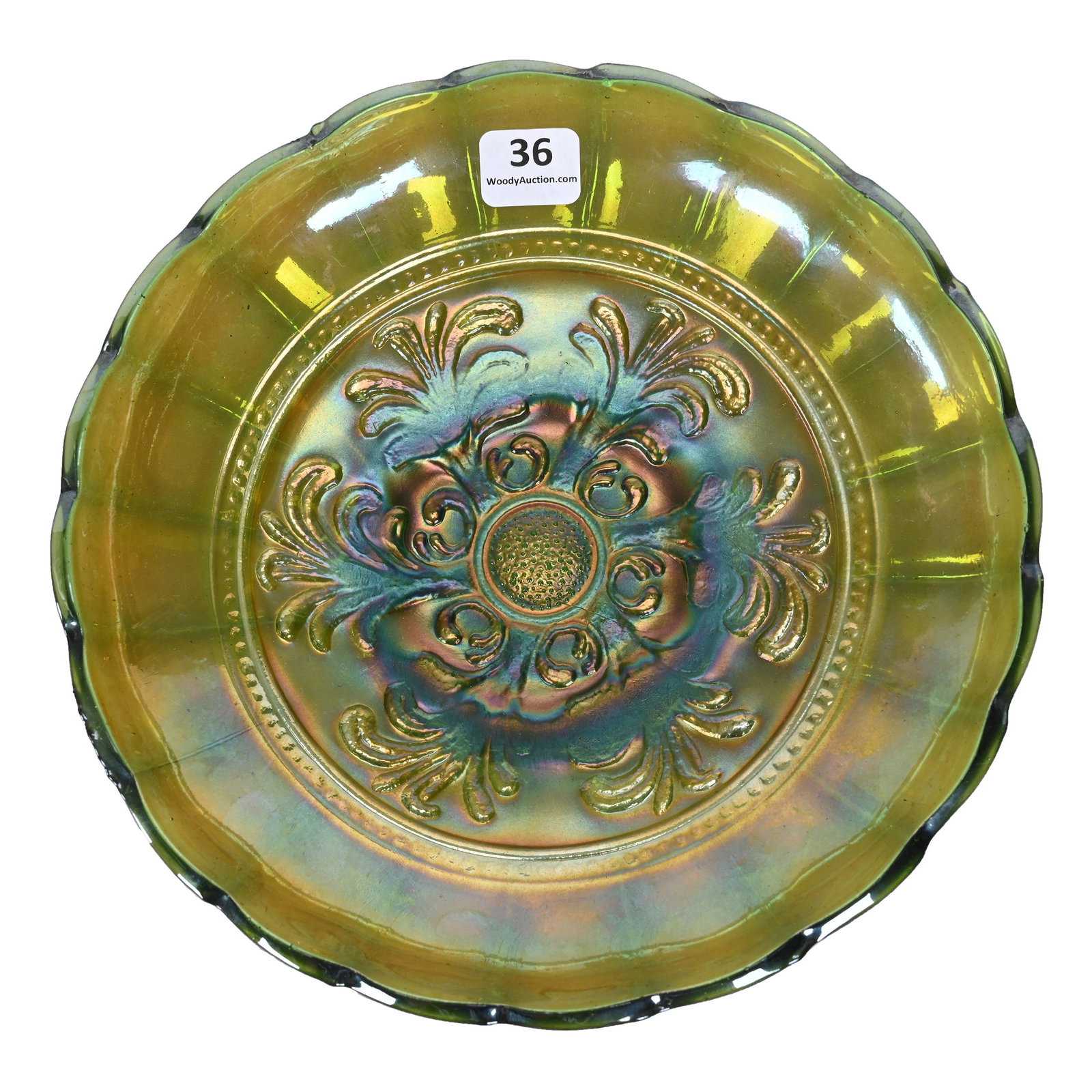 Bowl, Carnival Glass, Mayan Pattern, Green: Bowl, Carnival Glass, Mayan Pattern, Green, 8.25", By Millersburg, Ice Cream Shape, Patsy Creveling Collection.