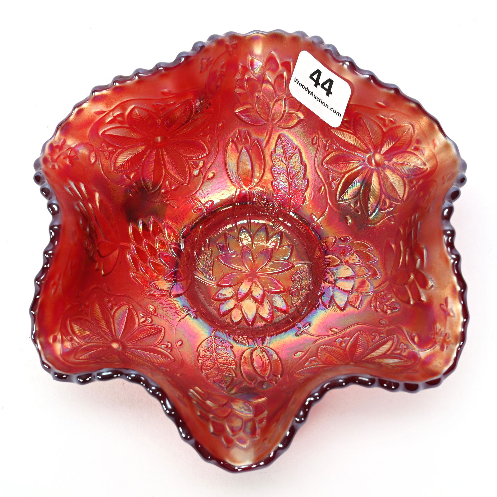 Berry Bowl, Carnival Glass, Water Lily Pattern, Red (1 of 2)