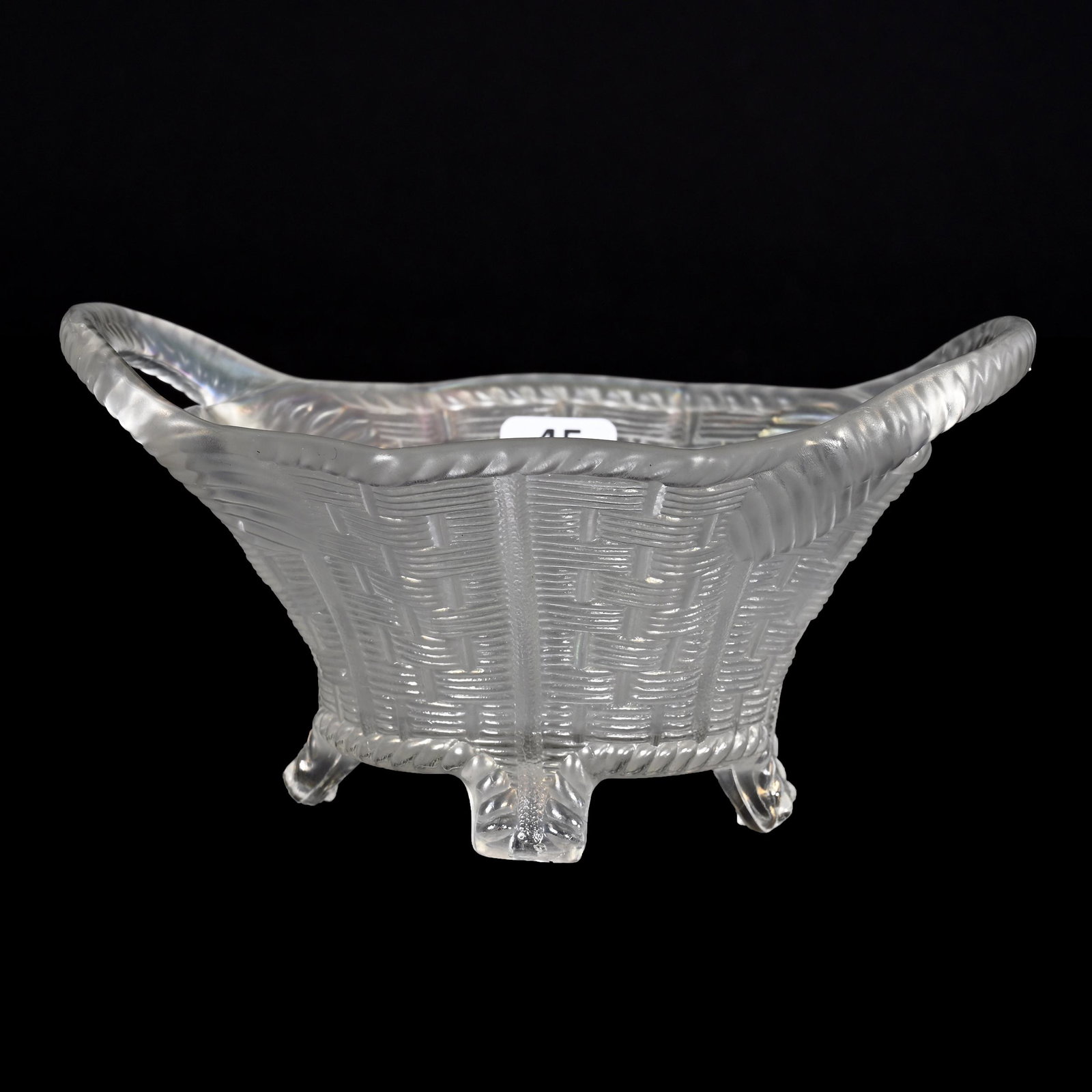 Bushel Basket, Carnival Glass, Basketweave, Eight-Sided, White: Bushel Basket, Carnival Glass, Basketweave, Eight-Sided, White, 7", By Northwood, Patsy Creveling Collection.