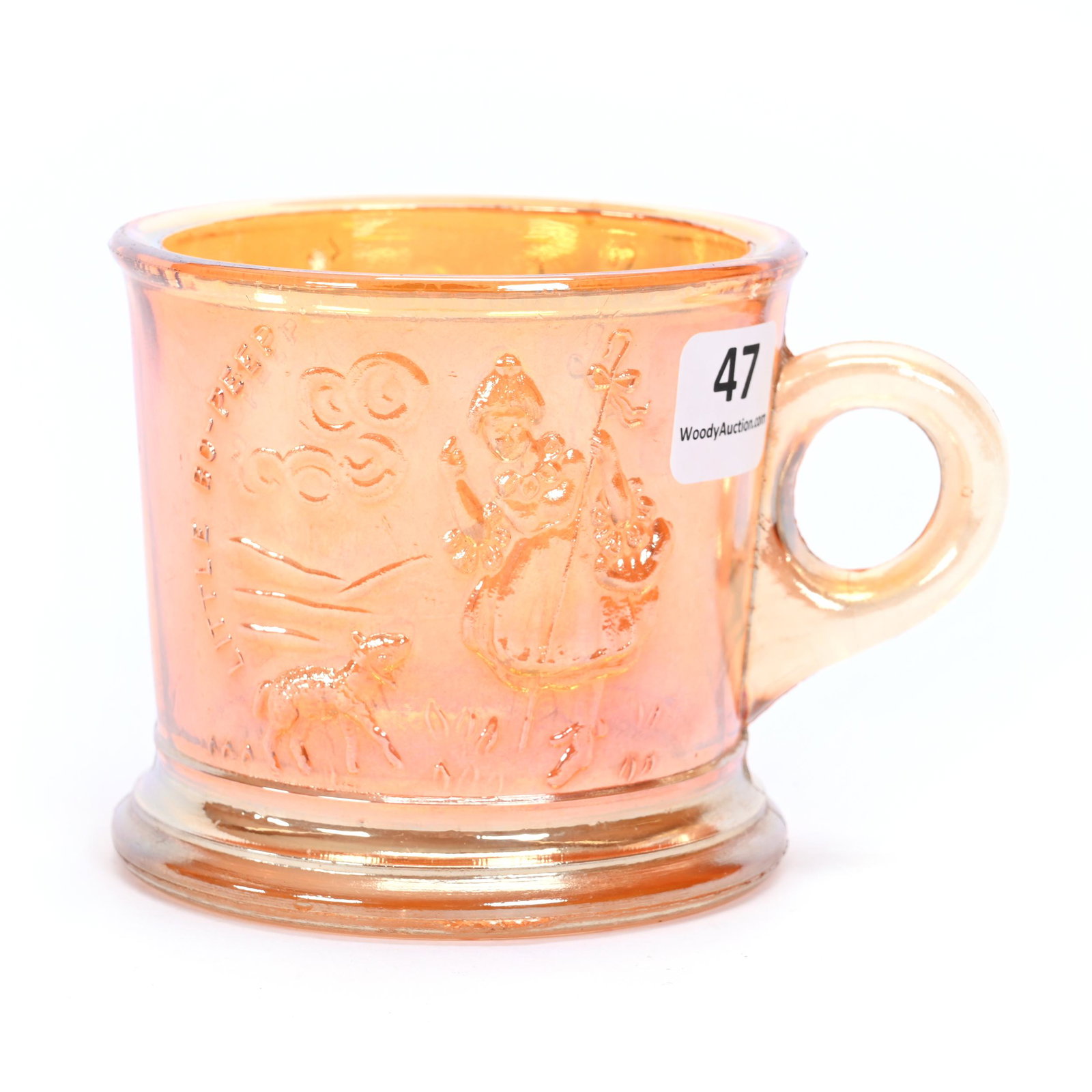 Mug, Carnival Glass, Little Bo Peep, Marigold: Mug, Carnival Glass, Little Bo Peep, Marigold, 3", Patsy Creveling Collection.