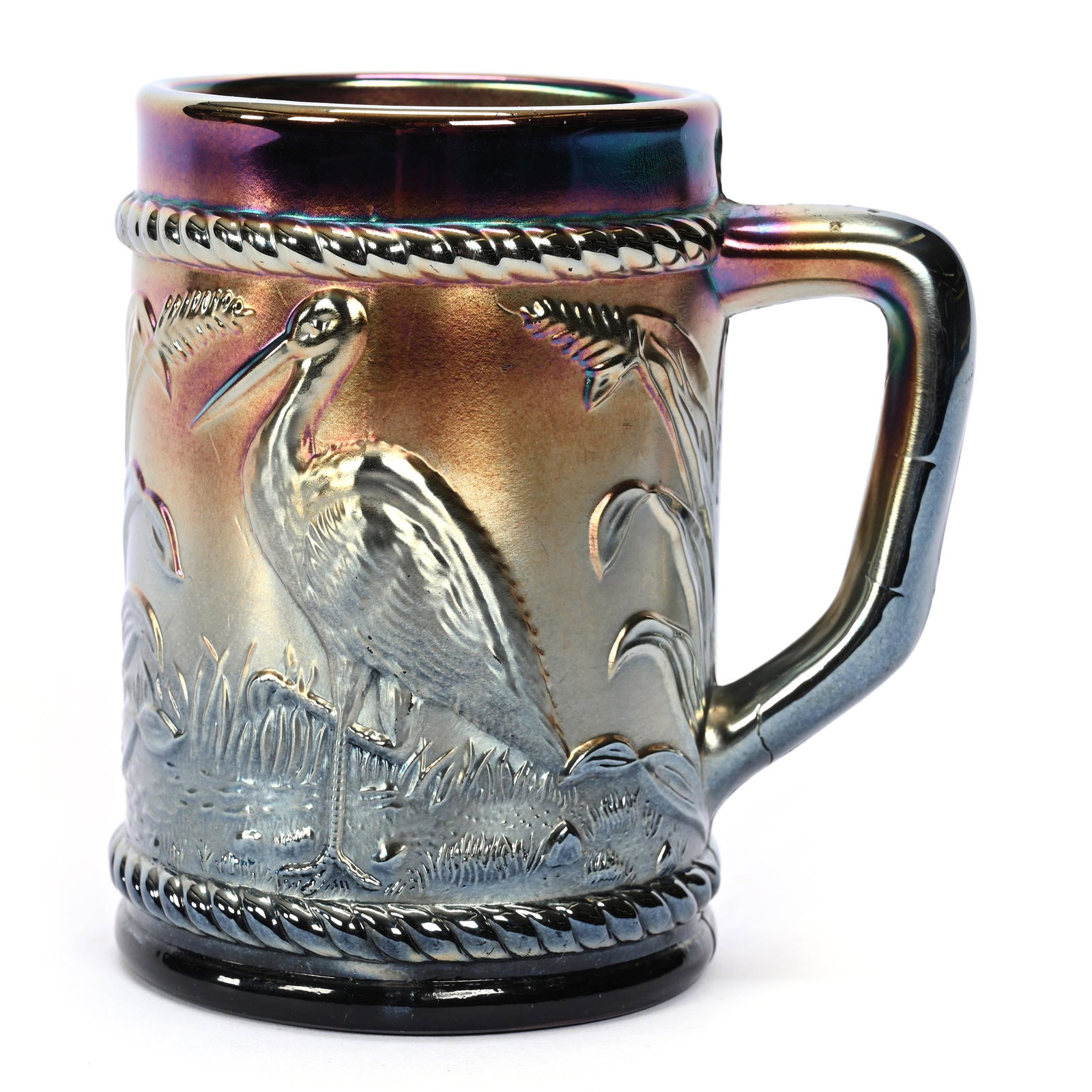 Mug, Carnival Glass, Stork & Rushes, Purple: Mug, Carnival Glass, Stork & Rushes, Purple, 4", By Dugan, Patsy Creveling Collection.
