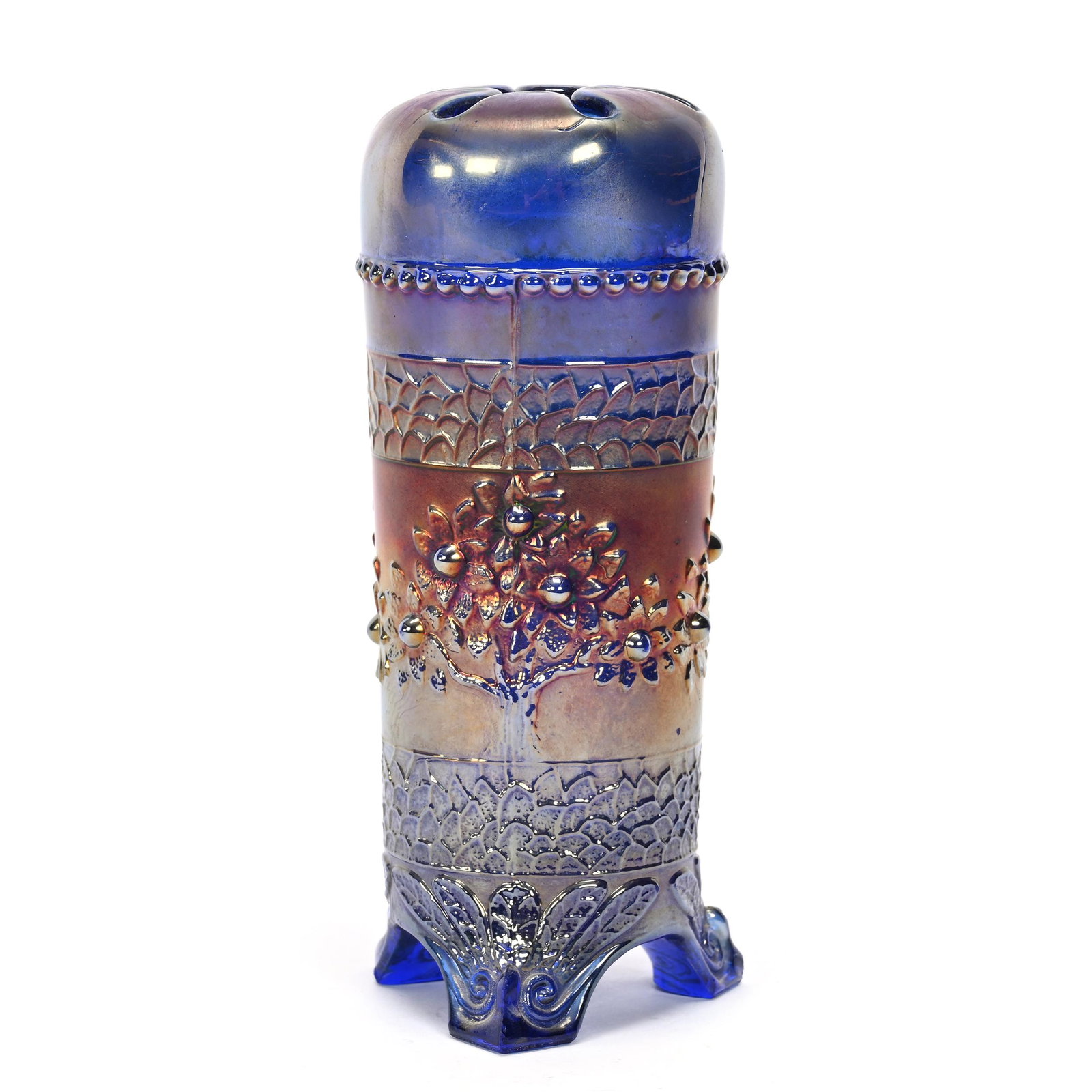 Hatpin Holder, Carnival Glass, Orange Tree, Blue: Hatpin Holder, Carnival Glass, Orange Tree, Blue, 6.5", By Fenton, One Foot Has Chip, Patsy Creveling Collection.