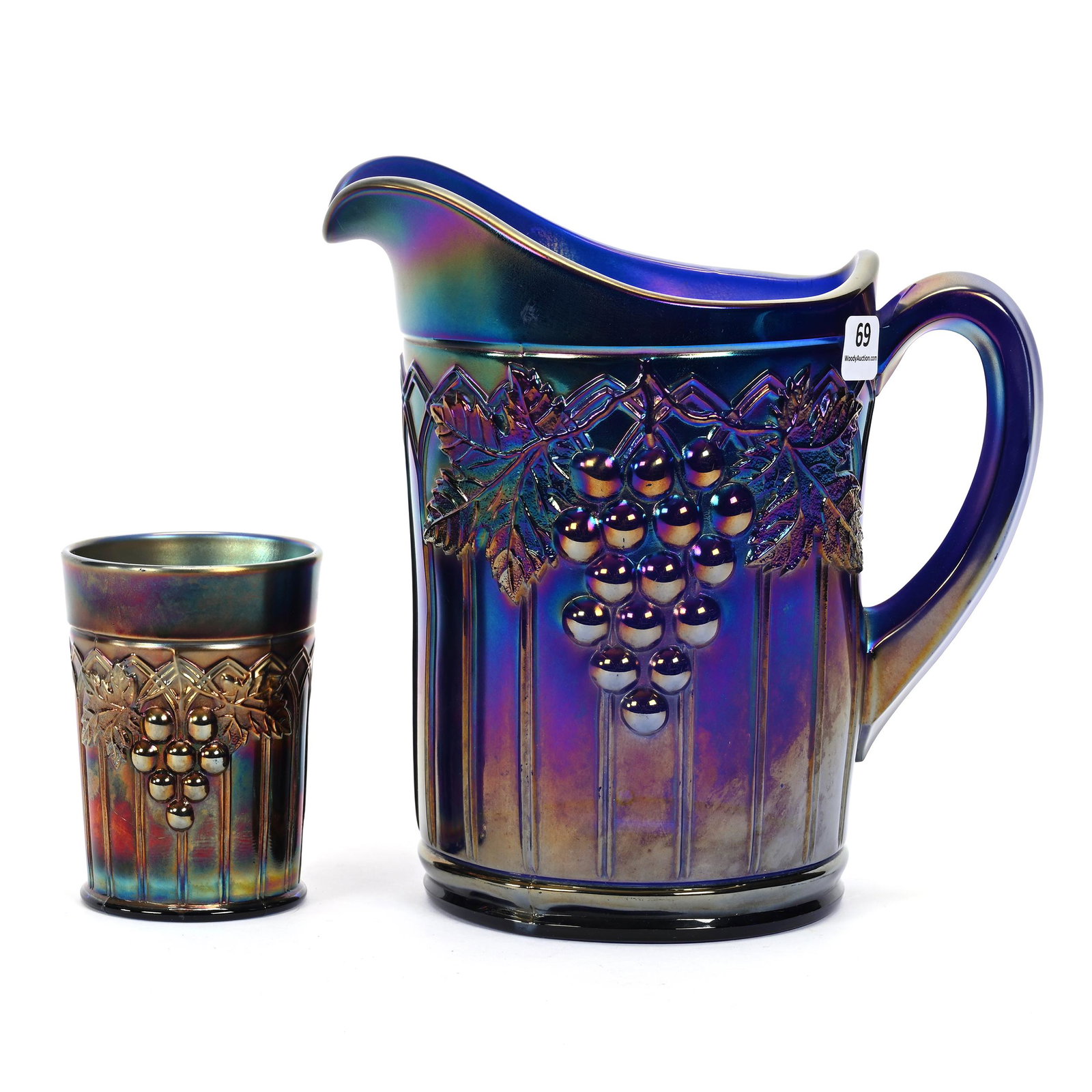 Pitcher/Tumbler, Carnival Glass, Grape & Gothic Arches, Blue: Pitcher & Tumbler, Carnival Glass, Grape & Gothic Arches, Blue, By Northwood, (1) 8" Pitcher, (1) 4" Tumbler, Patsy Creveling Collection.