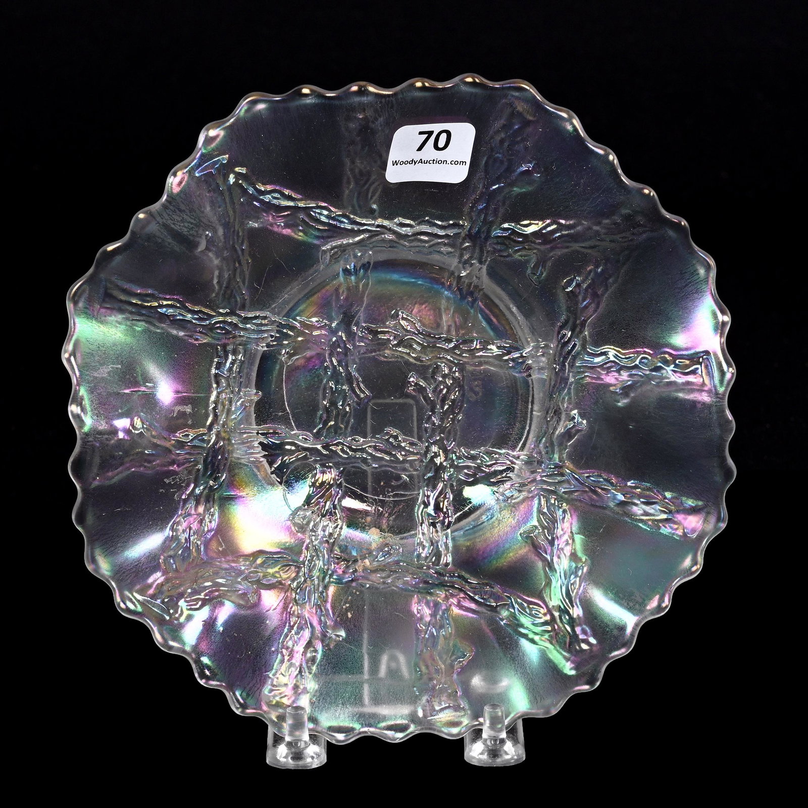 Plate, Carnival Glass, Grapevine Lattice, White: Plate, Carnival Glass, Grapevine Lattice, White, 7", By Dugan, Patsy Creveling Collection.