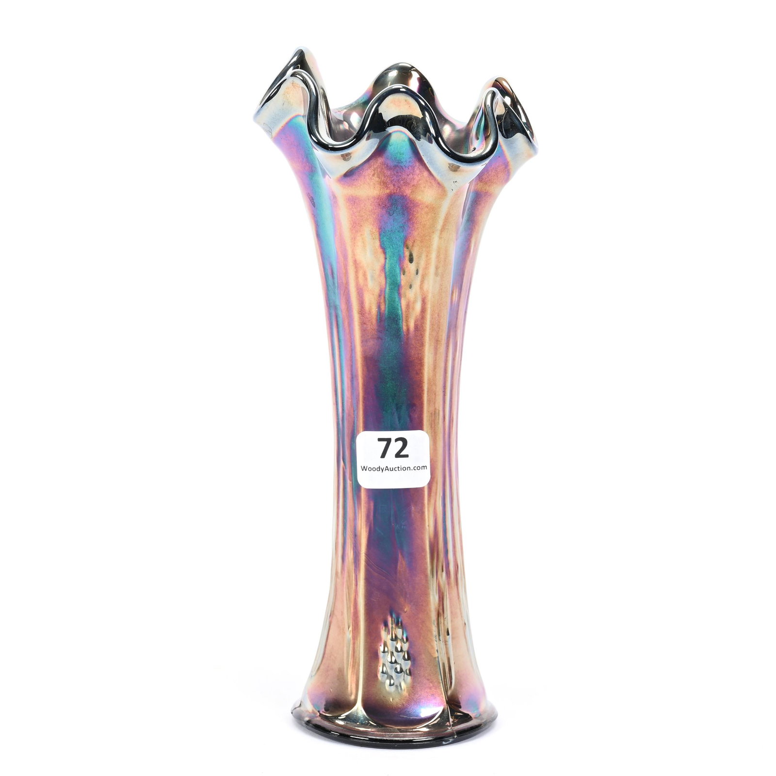 Vase, Carnival Glass, Butterfly & Berry, Blue: Vase, Carnival Glass, Butterfly & Berry, Blue, 8", By Fenton, 2.5" Base Diameter, Patsy Creveling Collection.