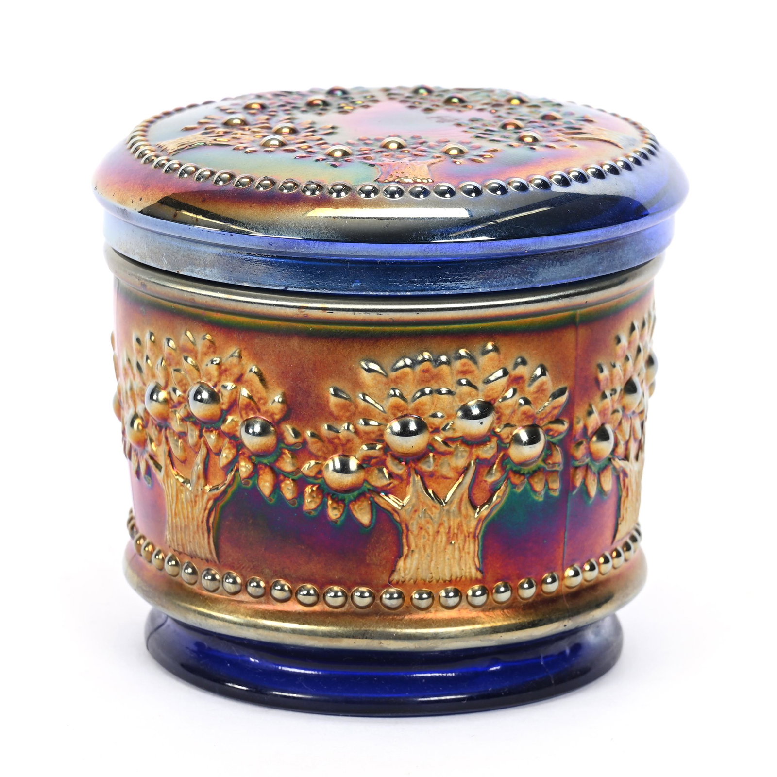 Powder Jar, Carnival Glass, Orange Tree, Blue: Powder Jar, Carnival Glass, Orange Tree, Blue, 3.75", By Fenton, Patsy Creveling Collection.