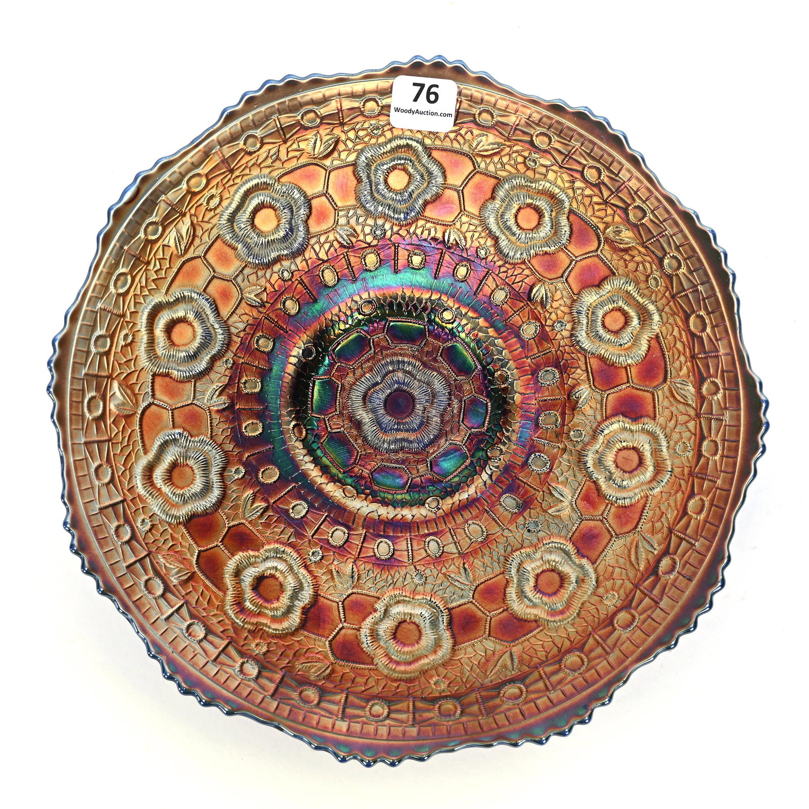 Plate, Carnival Glass, Captive Rose, Blue: Plate, Carnival Glass, Captive Rose, Blue, 9.25", By Fenton, Patsy Creveling Collection.