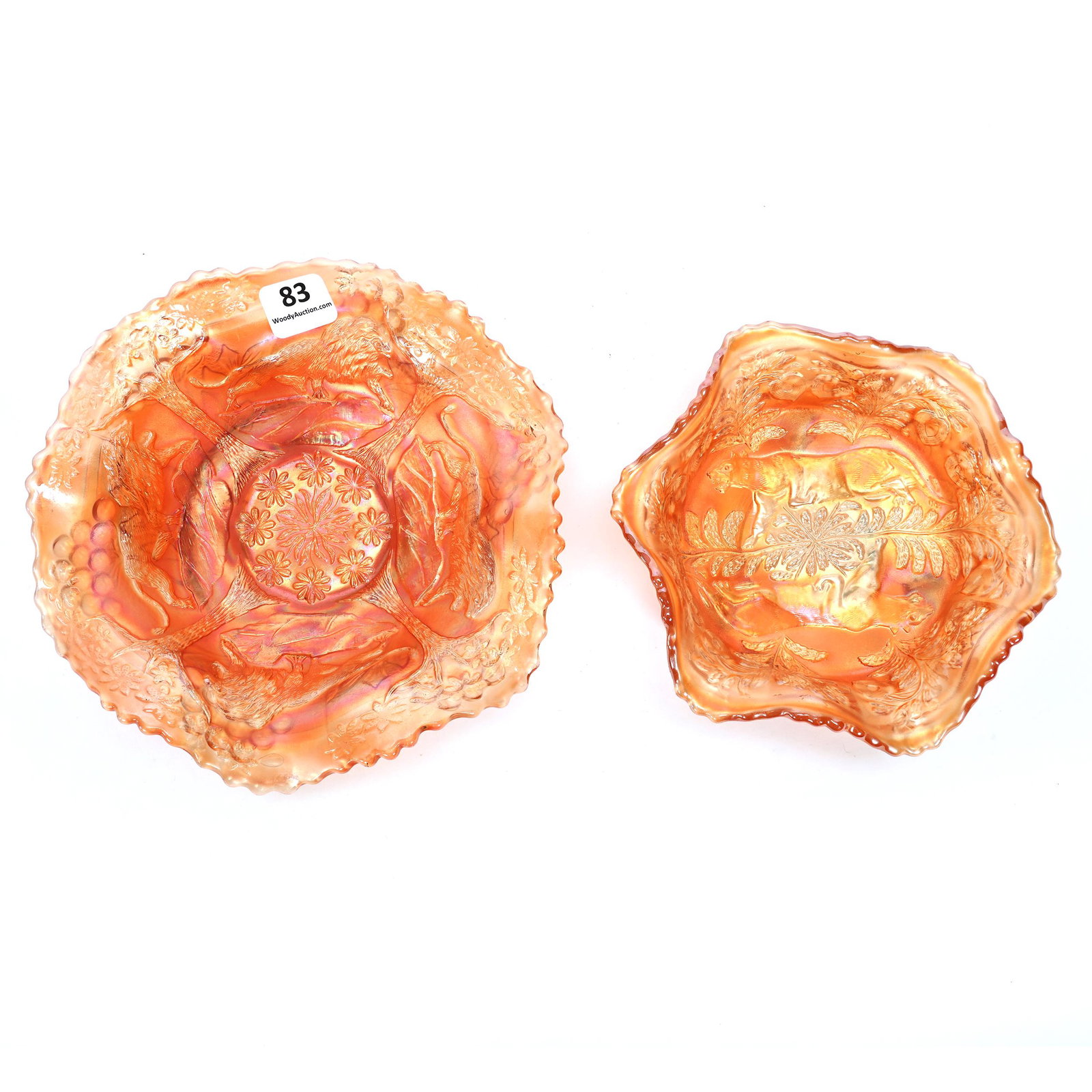 (2) Bowls, Carnival Glass, Marigold By Fenton: (2) Bowls, Carnival Glass, Marigold By Fenton, (1) 6.75" Lion Bowl, (1) 5.5" Panther Footed Berry Dish, Butterfly & Berry Exterior, Patsy Creveling Collection.