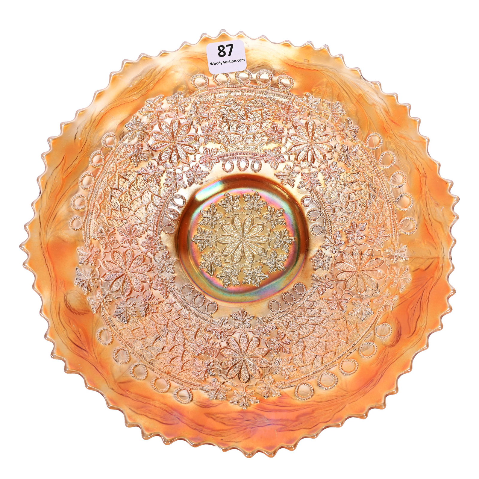 Plate, Carnival Glass, Leaf Chain, Marigold: Plate, Carnival Glass, Leaf Chain, Marigold, 9.25", By Fenton, Bearded Berry Exterior, Patsy Creveling Collection.