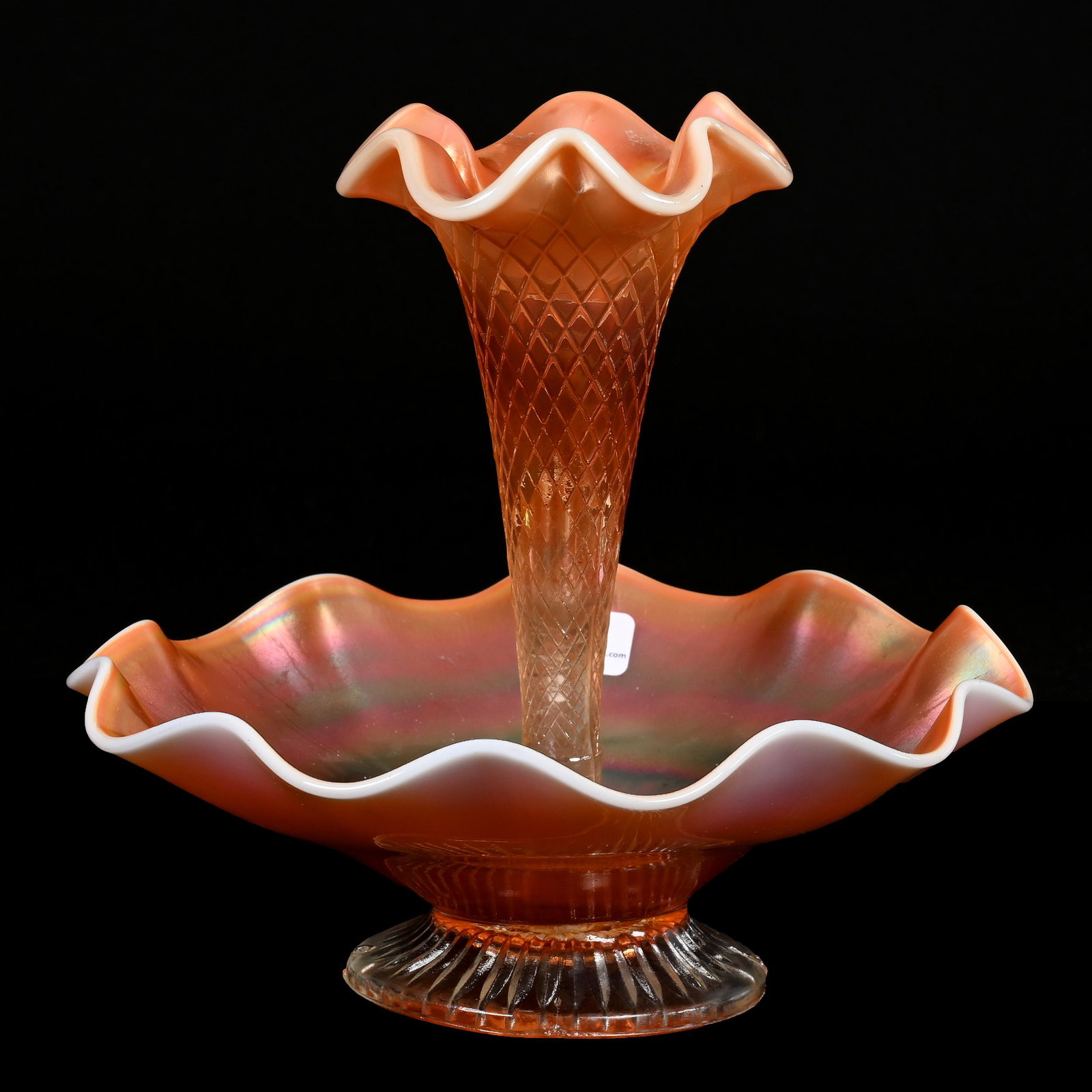 Epergne, Carnival Glass, Fish Net, Peach Opalescent: Epergne, Carnival Glass, Fish Net, Peach Opalescent, 8" x 8.75", By Dugan, Patsy Creveling Collection.