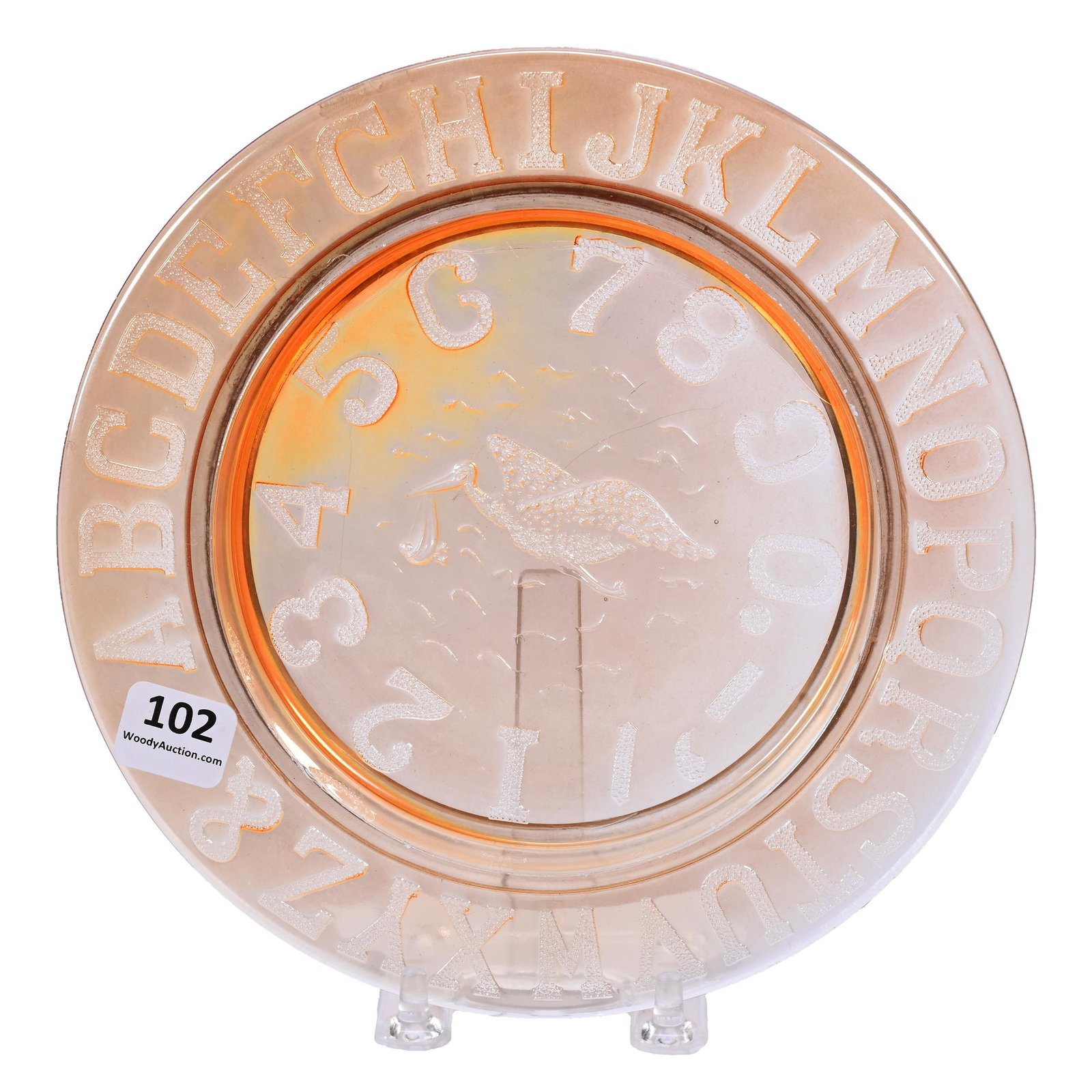 Baby's Dish, Carnival Glass, Stork ABC, Marigold: Baby's Dish, Carnival Glass, Stork ABC, Marigold, 7.5", Attributed To Westmoreland, Patsy Creveling Collection.