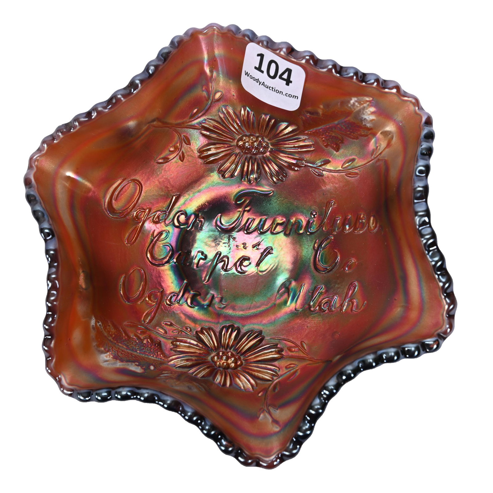 Bowl, Carnival Glass, Garden Mums With Advertising, Amethyst: Bowl, Carnival Glass, Garden Mums With Advertising, Amethyst, 5.5", "Ogden Furniture Carpet Ogden Utah" By Fenton, Patsy Creveling Collection.
