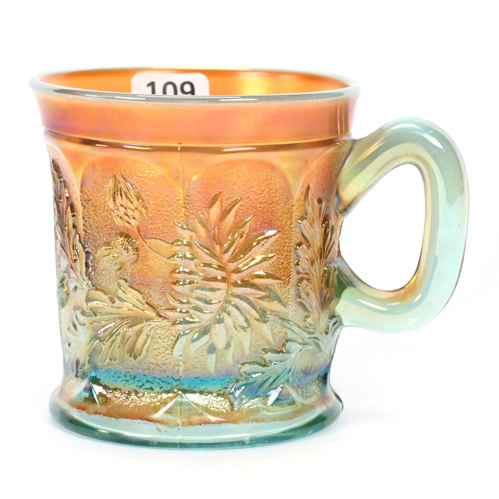 Mug, Carnival Glass, Dandelion, Aqua Opalescent: Mug, Carnival Glass, Dandelion, Aqua Opalescent, 3.5", By Northwood, Patsy Creveling Collection.