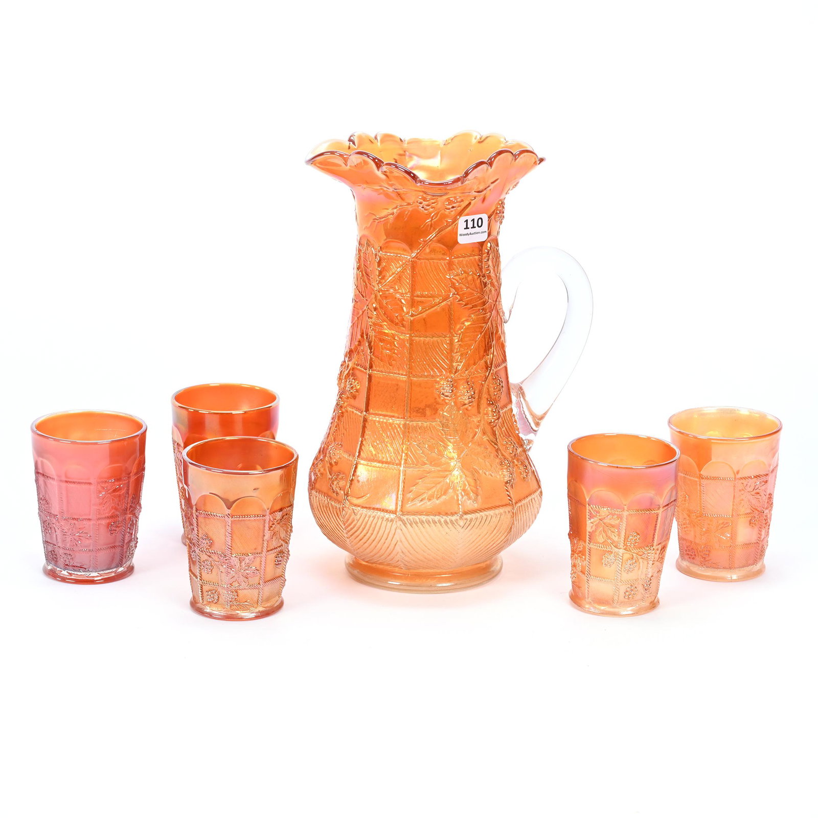 Water Set, Carnival Glass, Blackberry Block, Marigold: Water Set, Carnival Glass, Blackberry Block, Marigold, By Fenton, (1) 11.25" Pitcher, (5) 4" Tumblers, Patsy Creveling Collection.