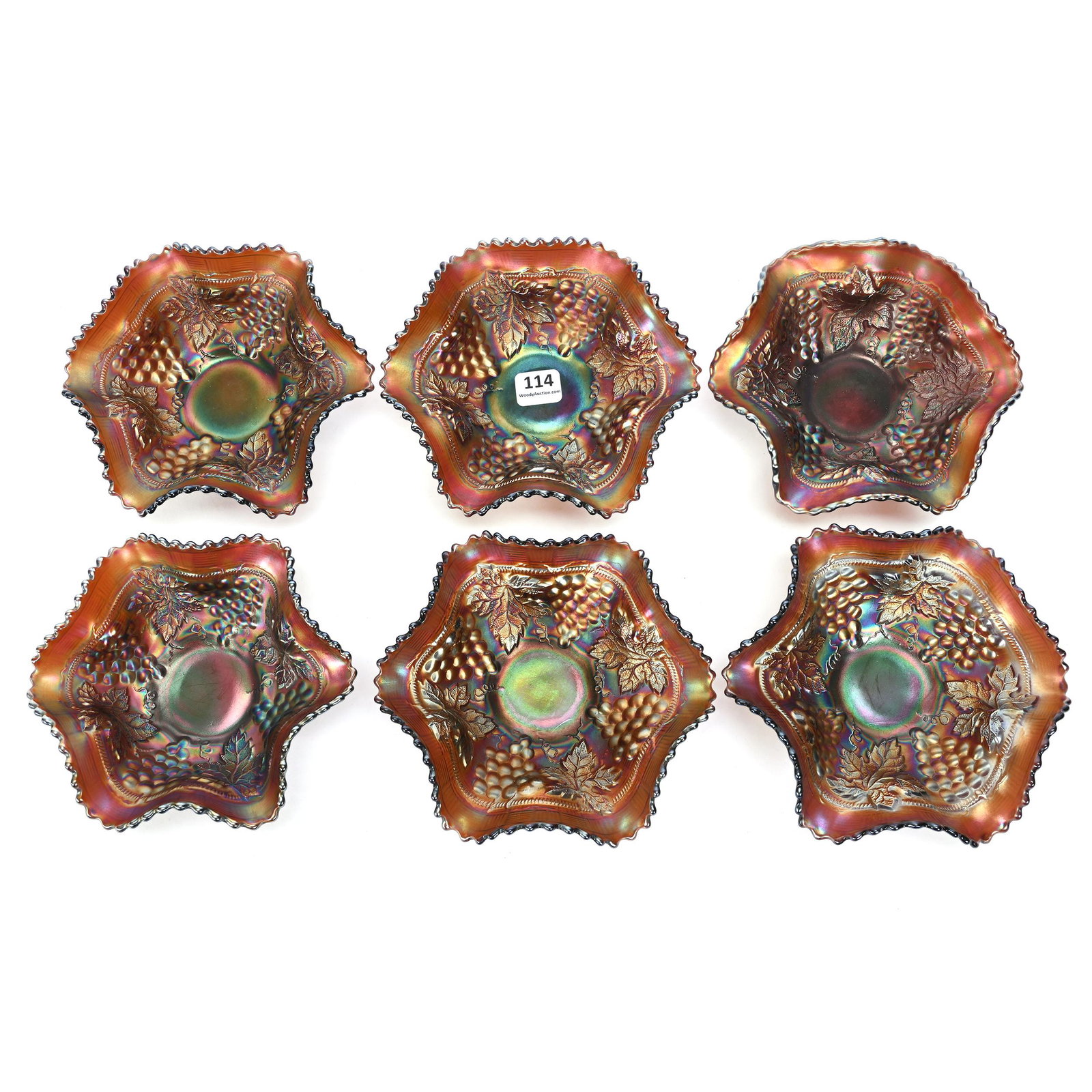 (6) Berry Dishes, Grape & Cable, Amethyst: (6) Berry Dishes, Grape & Cable, Amethyst, 6", By Northwood, Basketweave Exterior, Patsy Creveling Collection.