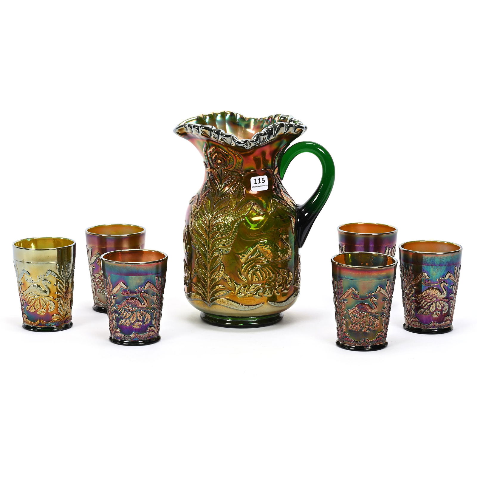 Water Set, Carnival Glass, Fluffy Peacock, Green (1 of 4)