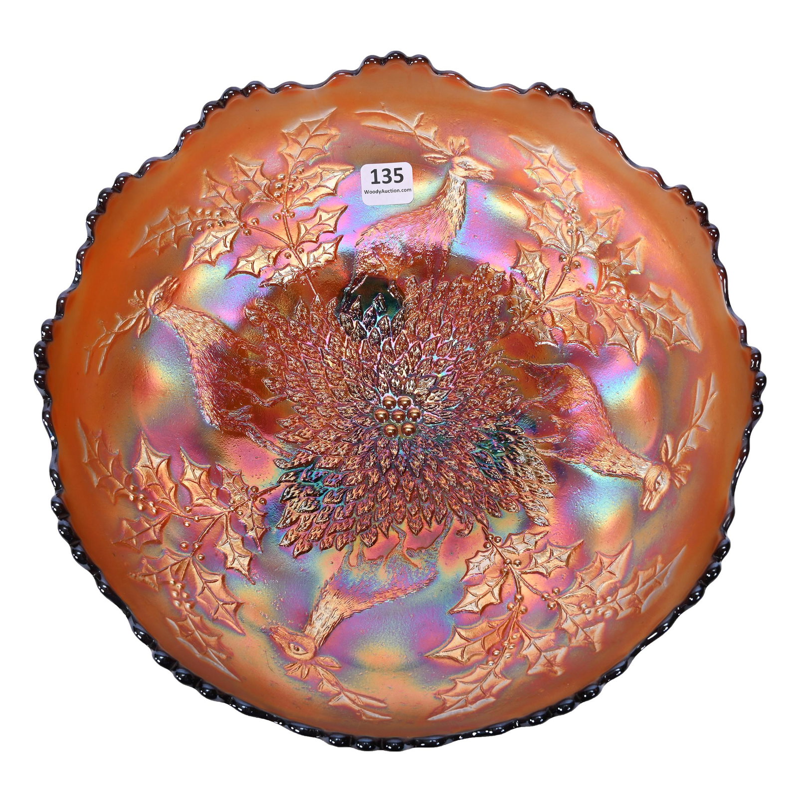 Bowl, Carnival Glass, Stag And Holly, Amethyst: Bowl, Carnival Glass, Stag And Holly, Amethyst, 10.25", By Fenton, Footed, Round, Merle Richardson Collection.