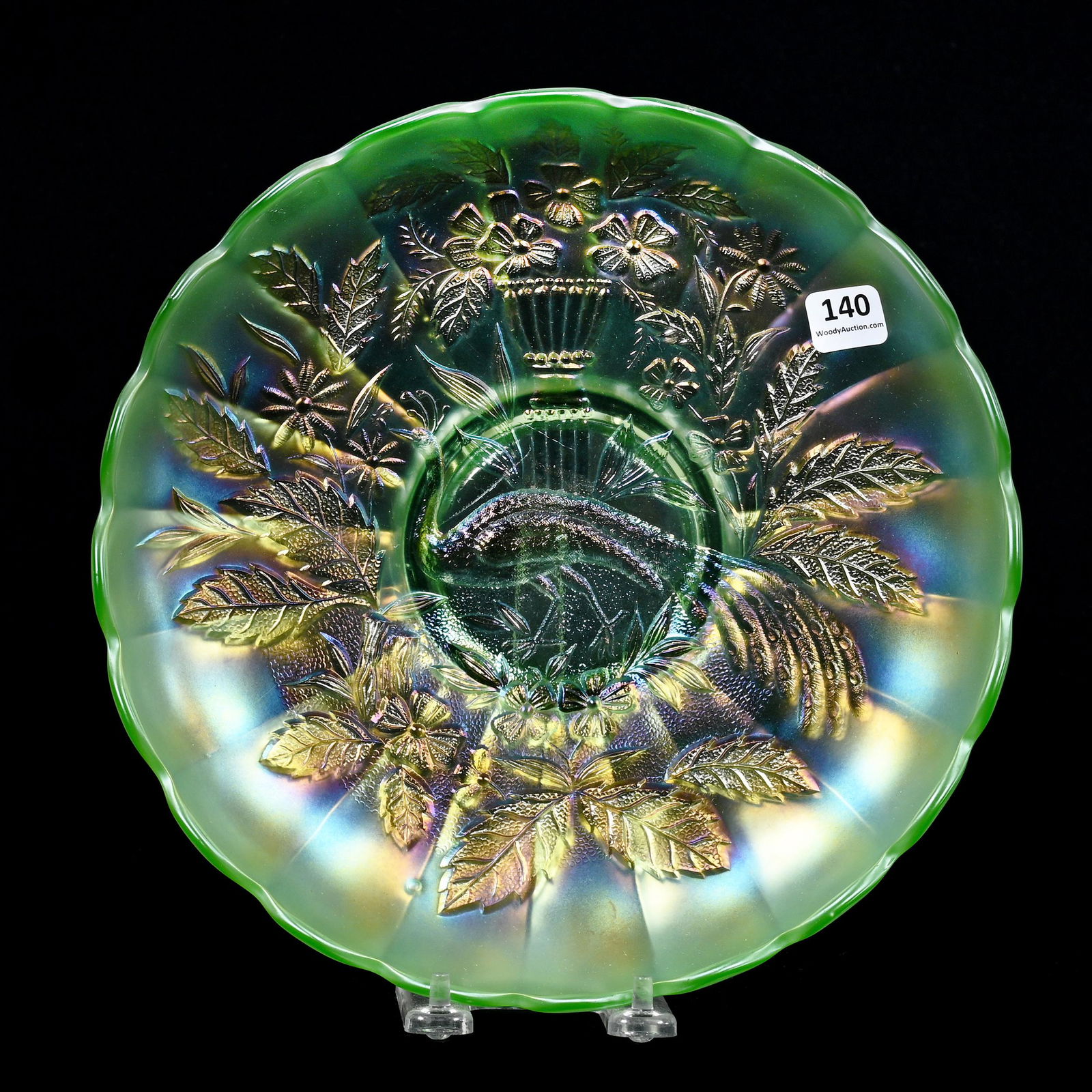 Bowl, Carnival Glass, Peacock At Urn, Ice Green (1 of 2)